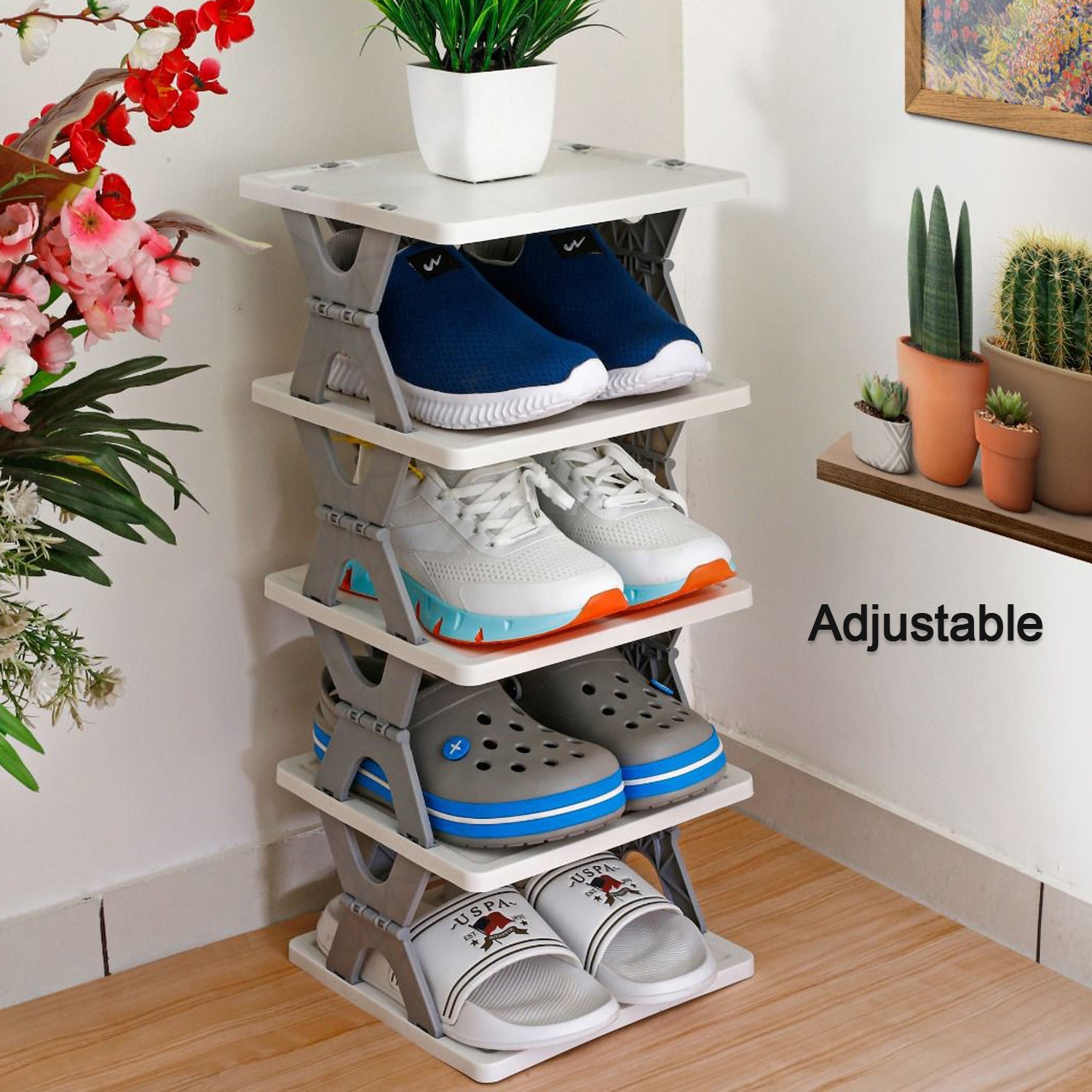 9098  SMART SHOE RACK WITH 8 LAYER SHOES STAND MULTIFUNCTIONAL ENTRYWAY FOLDABLE & COLLAPSIBLE DOOR SHOE RACK FREE STANDING HEAVY DUTY PLASTIC SHOE SHELF STORAGE ORGANIZER NARROW FOOTWEAR HOME DeoDap