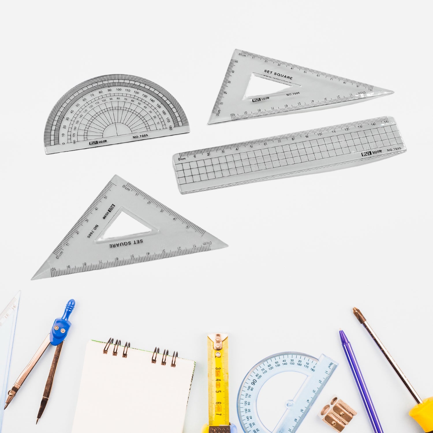 7915 Math Geometry Tool Plastic Clear Ruler Sets, Protractor, Triangle Math Architectural Tools 4 Pieces DeoDap