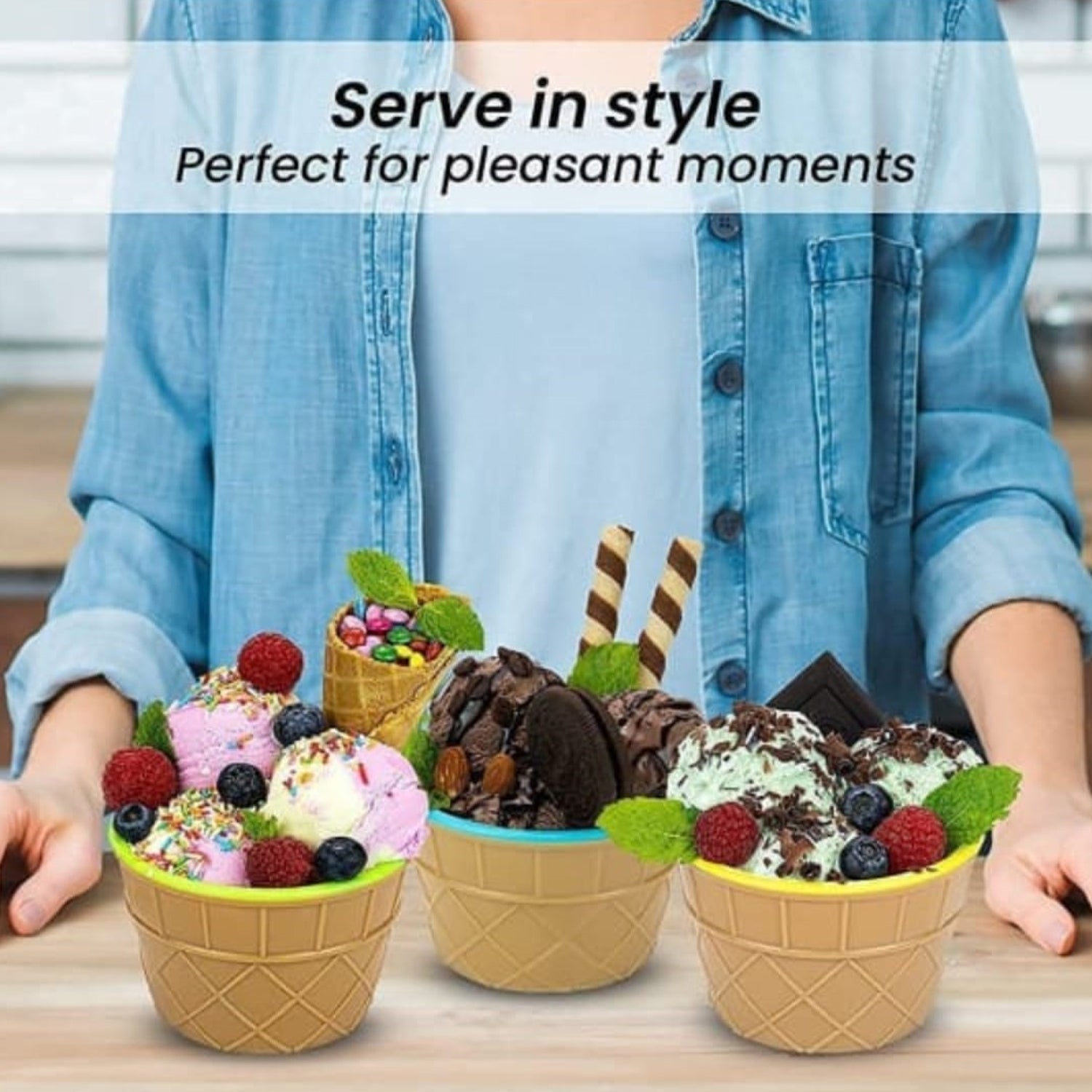 5322 Ice-Cream Waffle Spoon Bowel Cup Set | Premium ice Cream Set | Ice-Cream Bowel with Spoon | 6 units Couple Bowl Set | Color Box DeoDap