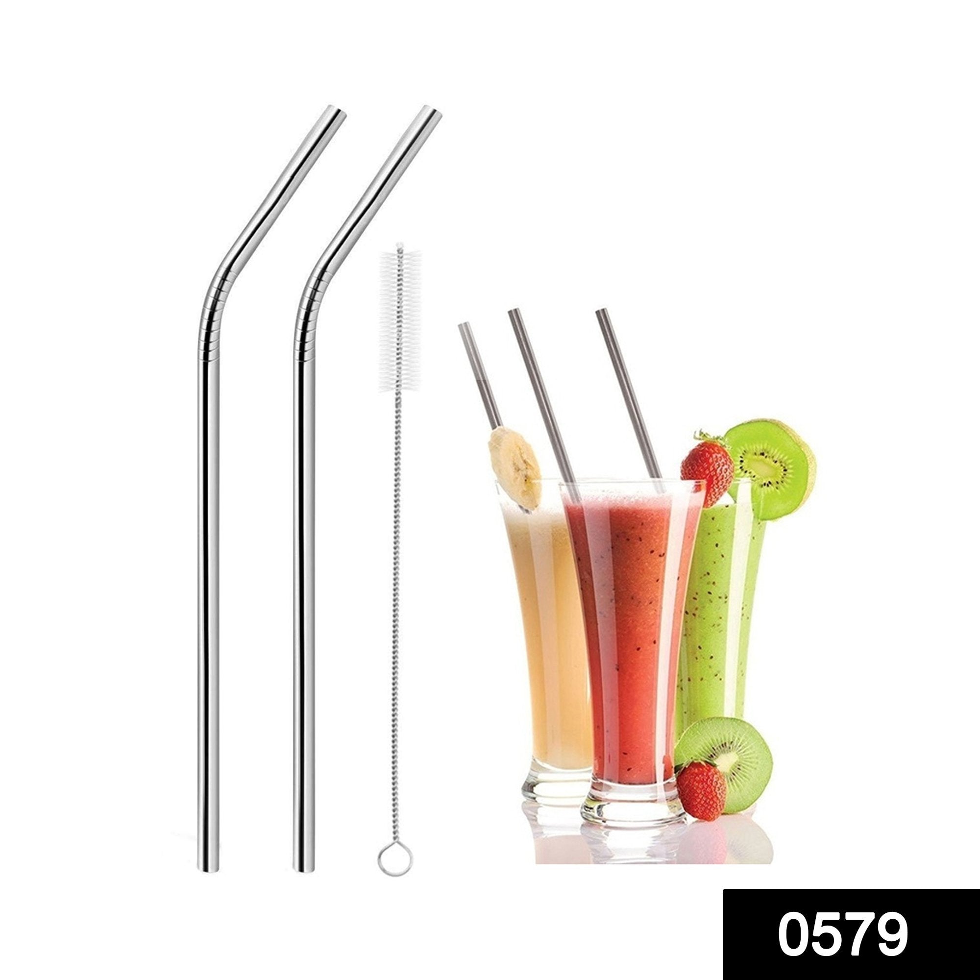 0579 Set of 4 Stainless Steel Straws & Brush (2 Straight straws, 2 Bent straws, 1 Brush) - SkyShopy