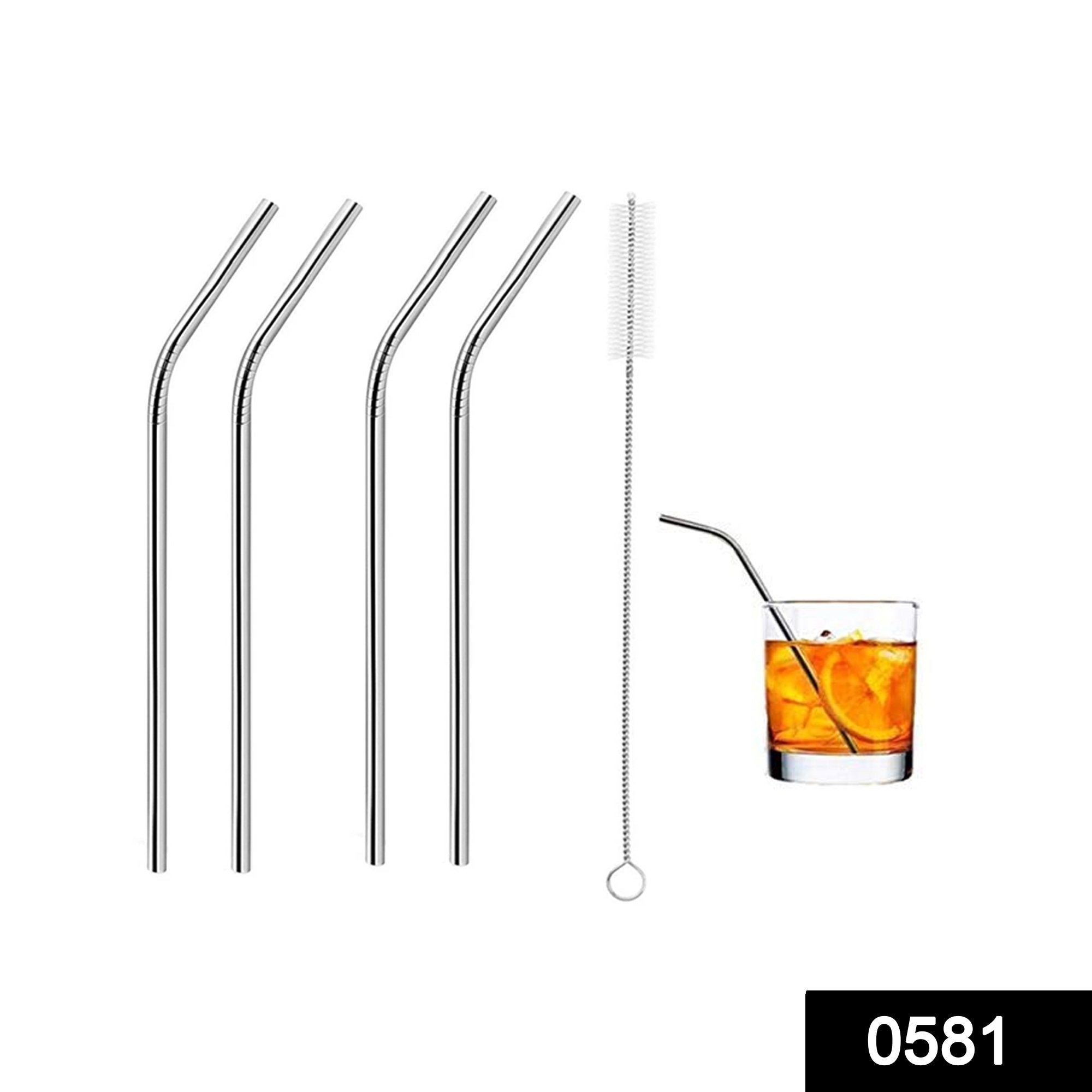 0581 Stainless Steel Straws & Brush (4 Bent straws, 1 Brush) -5pcs - SkyShopy