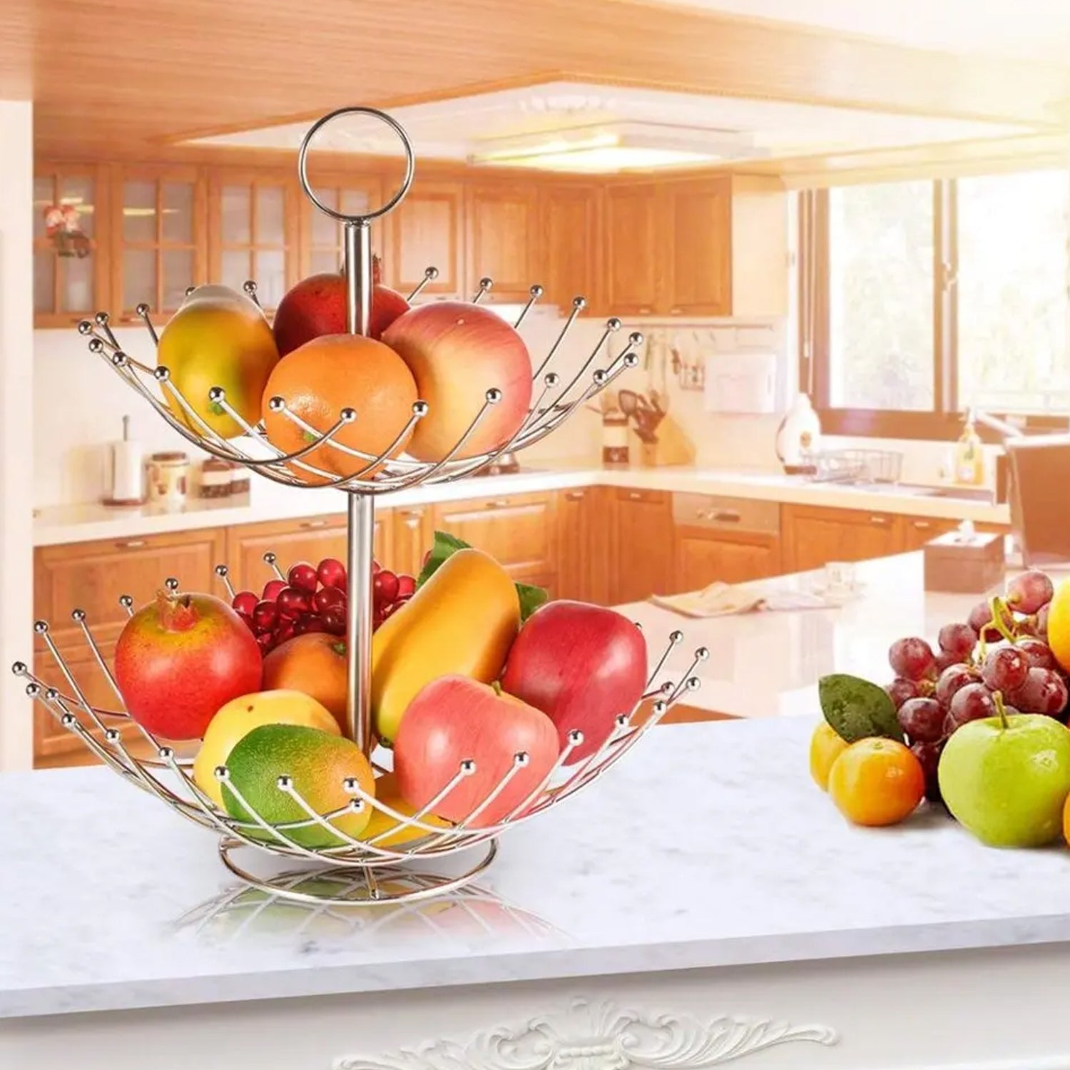 5183 3 Tier Fruit Basket Stainless Steel 60cm For Home Decoration & Kitchen Use DeoDap
