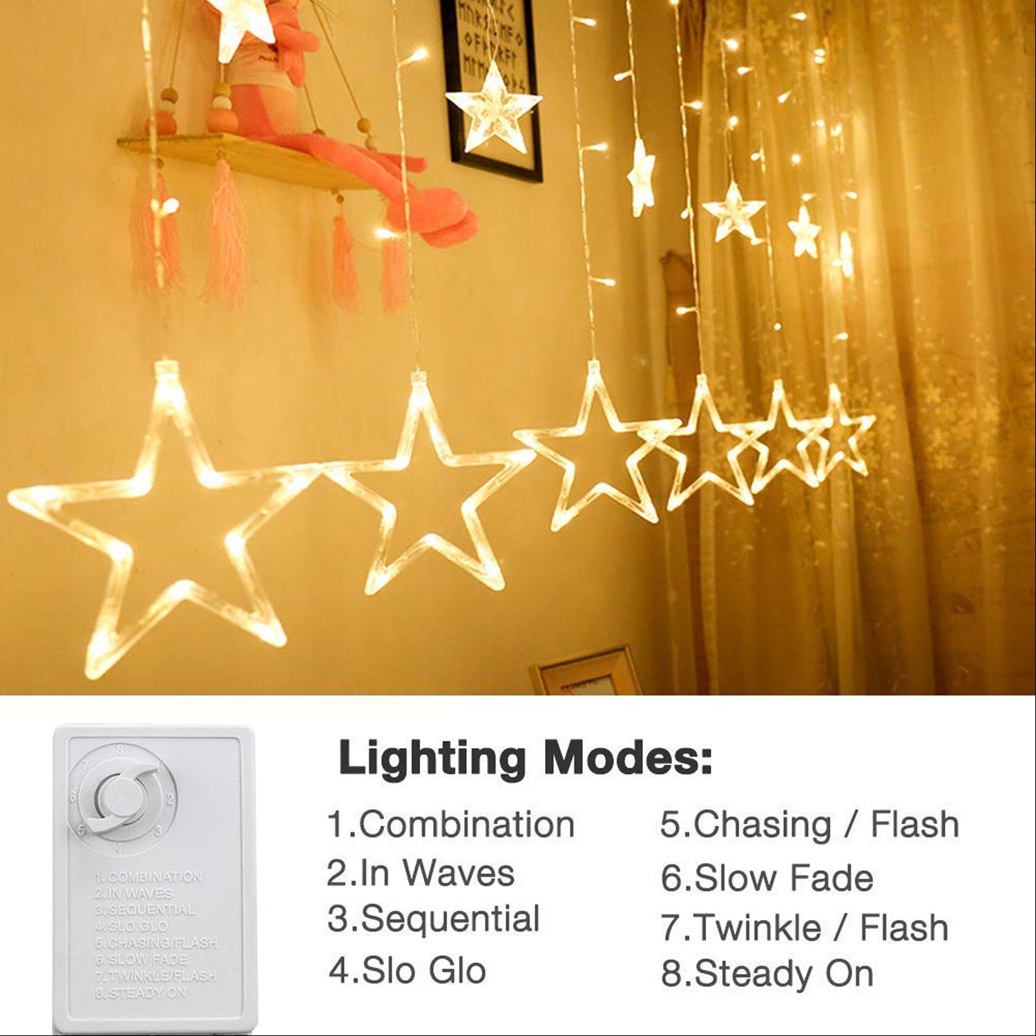 1253 12 Stars Curtain String Lights, Window Curtain Lights with 8 Flashing Modes Decoration for Festivals DeoDap