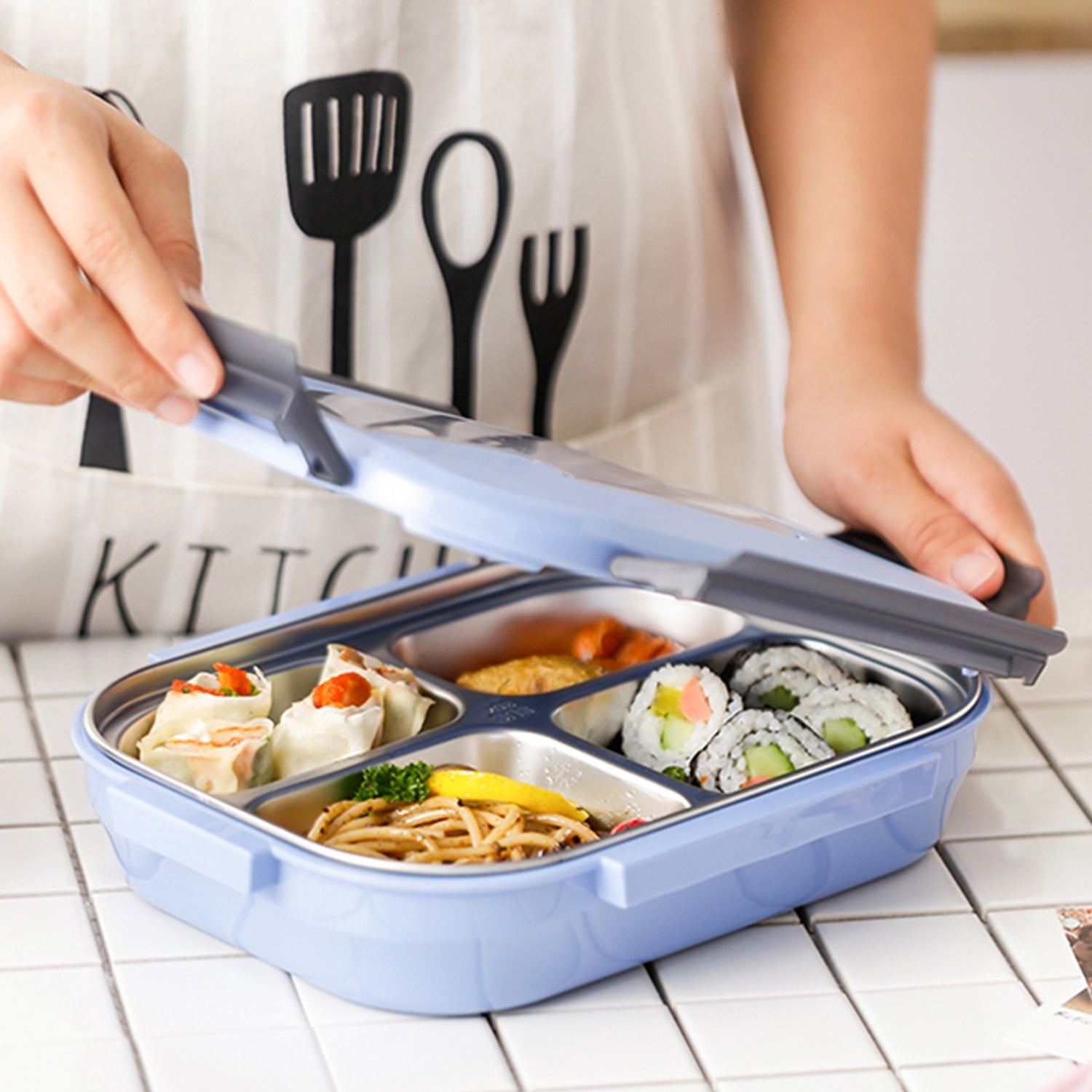2043 White Transparent 4 Compartment Lunch Box for Kids and adults, Stainless Steel Lunch Box with 4 Compartments. DeoDap