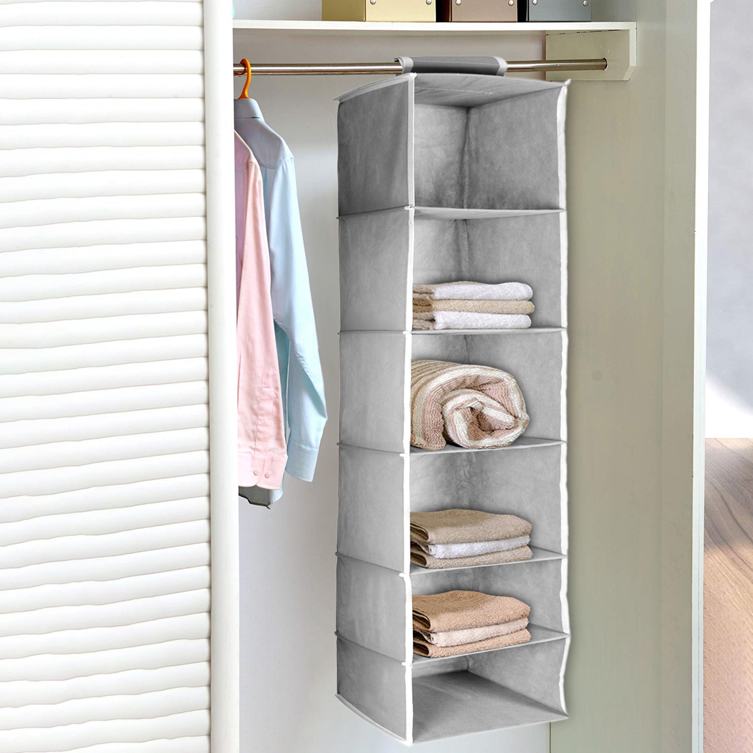 6370  6 Shelf Hanging Closet Organizer, Space Saver, Sweater & Clothing Shelves, Breathable Material Keeps Away Dust & Odors, DeoDap
