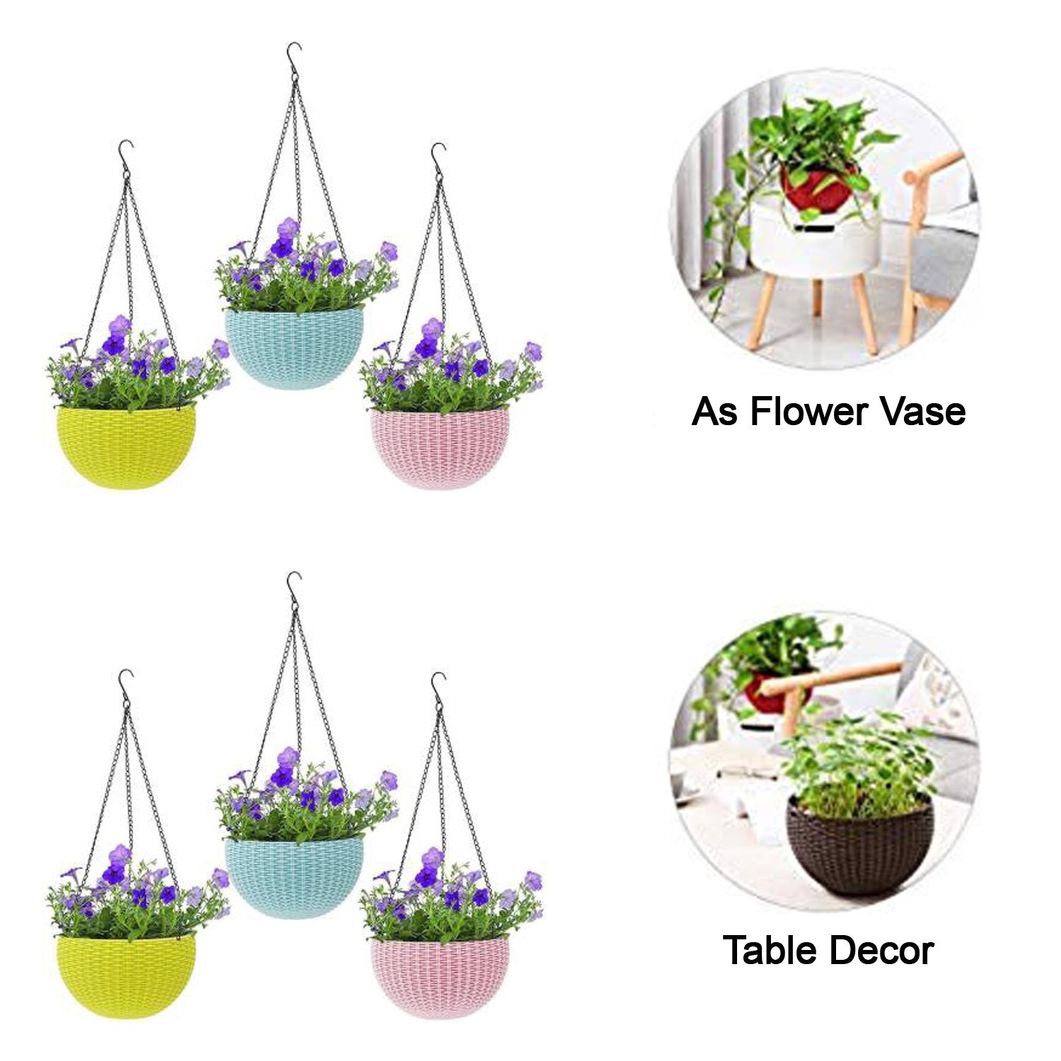 4708 Plastic Hanging Flower Pot and Flower Pot with Chain (6 Pc)