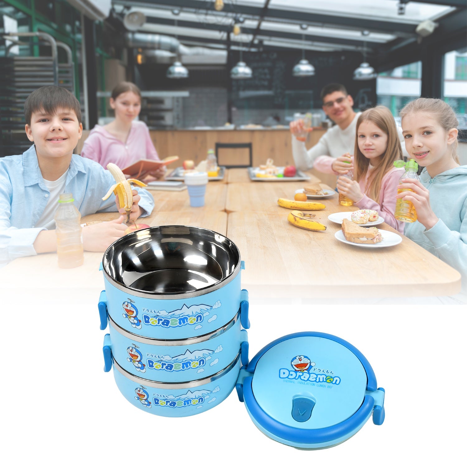 2872A 3 Layer Doraemon Lunch Box Tiffin High Quality Steel Lunch Box  3 Layer Tiffin For School ,Office & Traveling Use DeoDap