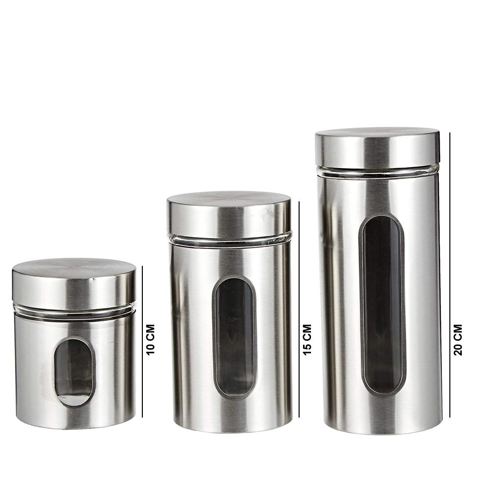 2359 Stainless Steel Jar With Visible Container Glass Window & Airtight Lid (Pack of 3) (325ml,500ml,740ml) - SkyShopy