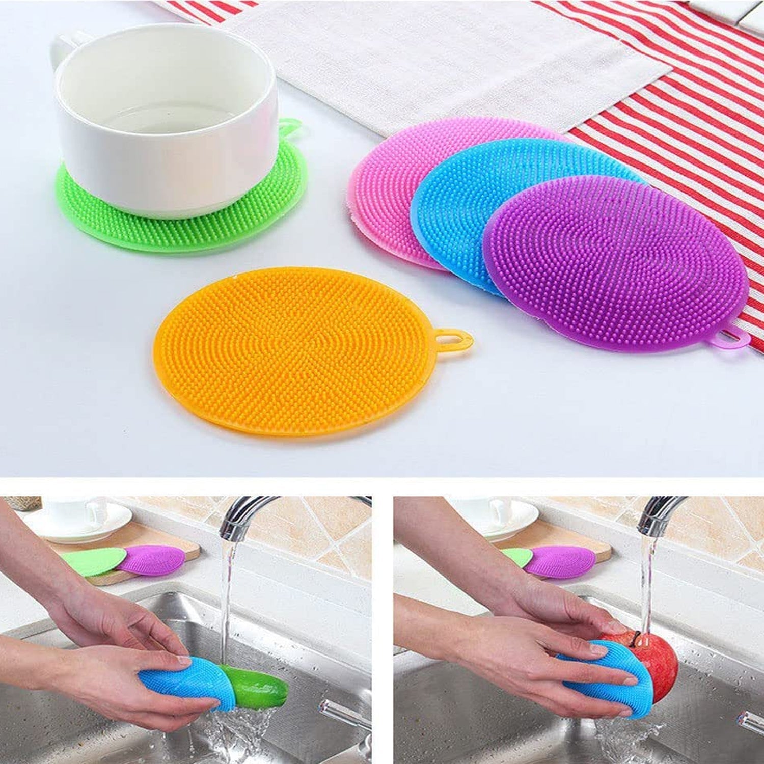 1344A Cleaning Supplies Sponges Silicone Scrubber for Kitchen Non Stick Dishwashing & Baby Care Sponge Brush Household Health Tool( Pack of 5pc). DeoDap