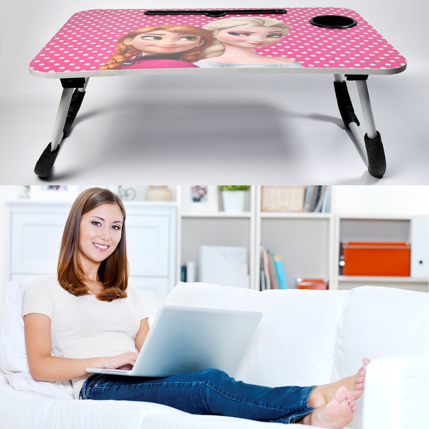 7694 Barbie Design Foldable Bed Study Table Portable Multifunction Laptop Table Lapdesk for Children Bed Foldable Table Work Office Home with Tablet Slot & Cup Holder DeoDap