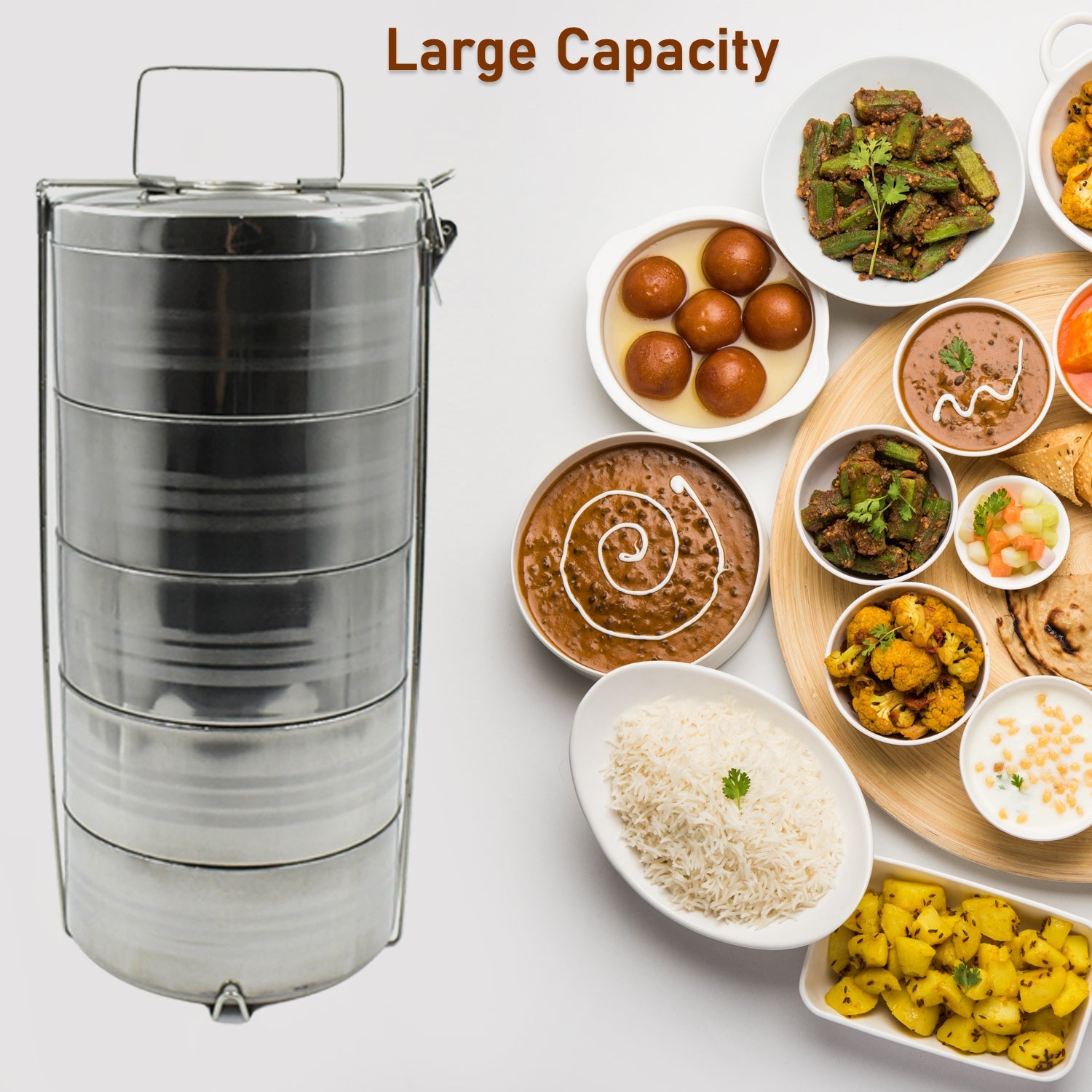 5799 Big Size 5 Compartment Lunch Box Stainless Steel Round Tiffin Tra Sky Shopy