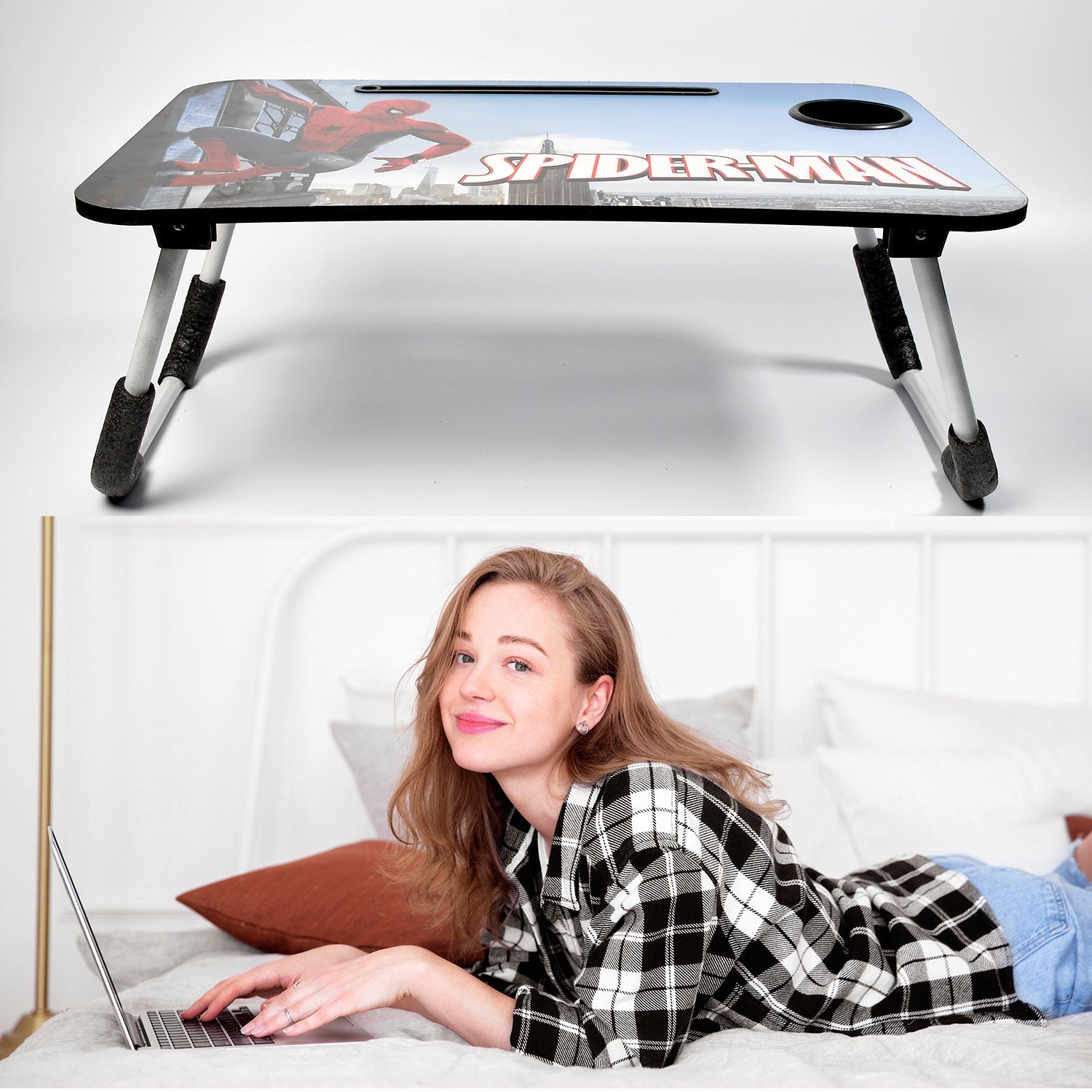 7692 Foldable Laptop Spiderman Printed Table for Adults , Portable Study Table for Kids, Work from Home Lapdesk with Tablet Holder and Cupholder Table DeoDap