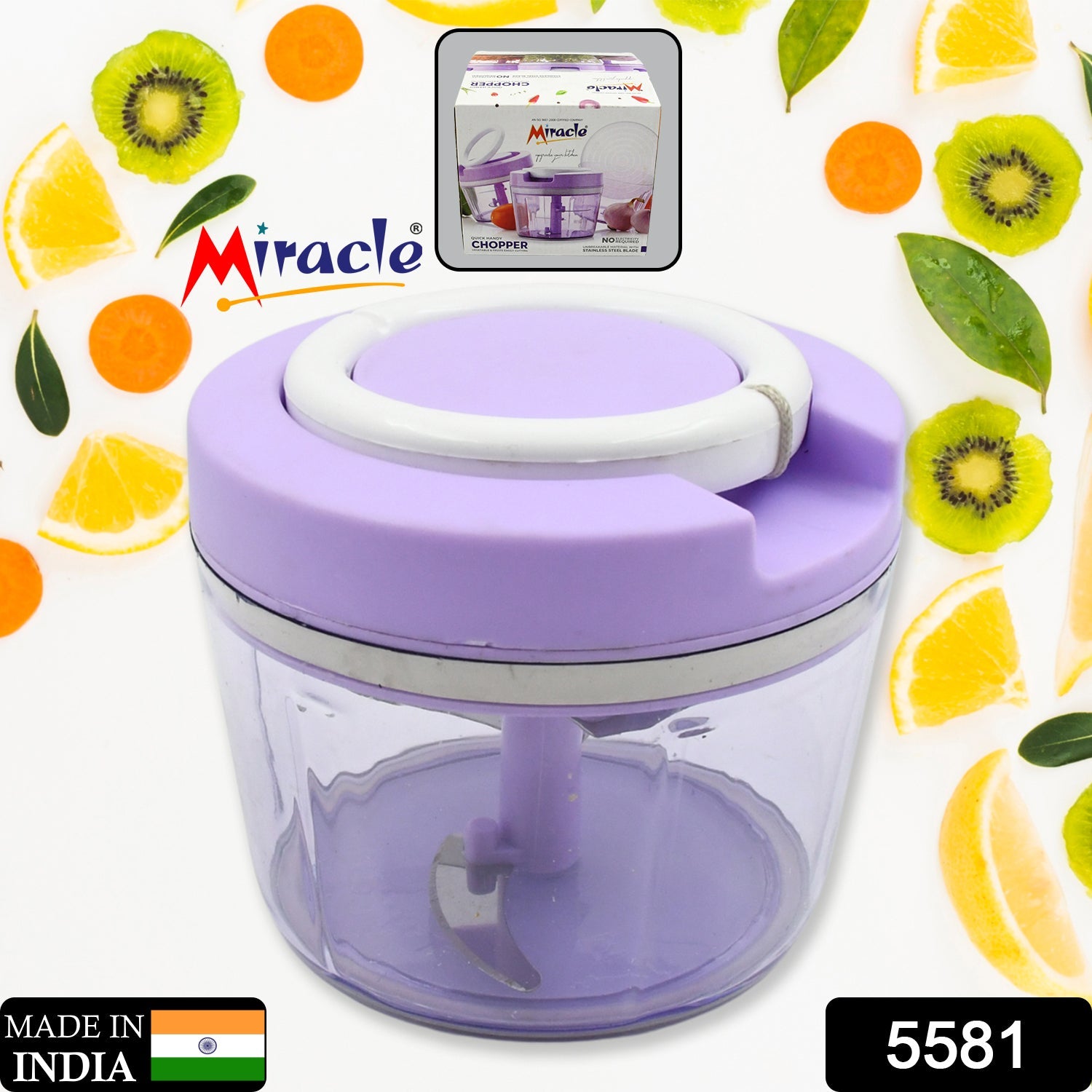 5581 Miracle Ring Chopper, Quick Handy Chopper, Vegetable and Fruit Chopper With Lid | Chop in 10 Seconds | Mini Portable Food Processor for Kitchen with 3 Blades for Effortless Chopping of Onion, Veggies