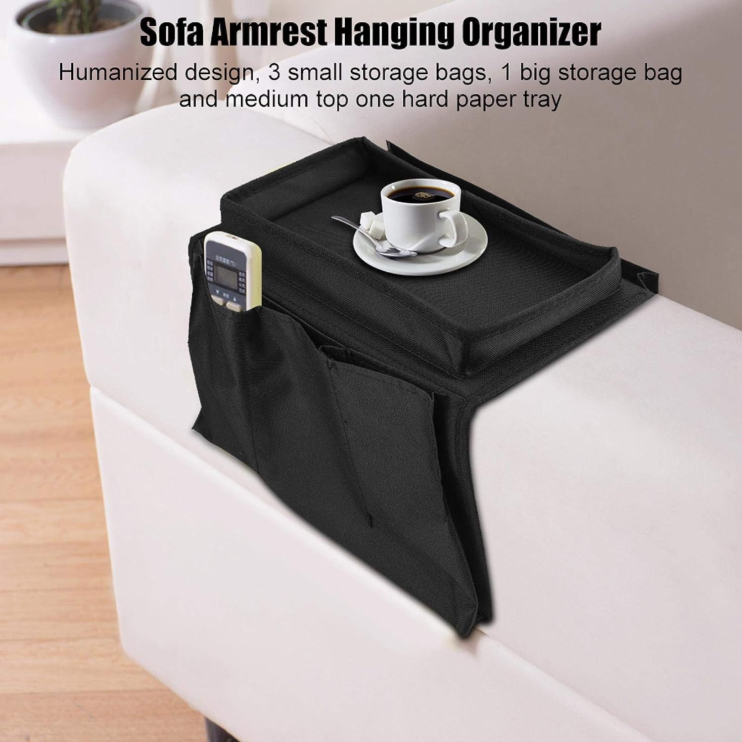 8164 Sofa Arm Rest Hanging Storage Bag, Storage Bag for Sofa Ideal for Sorting Magazines iPad Books (Black)