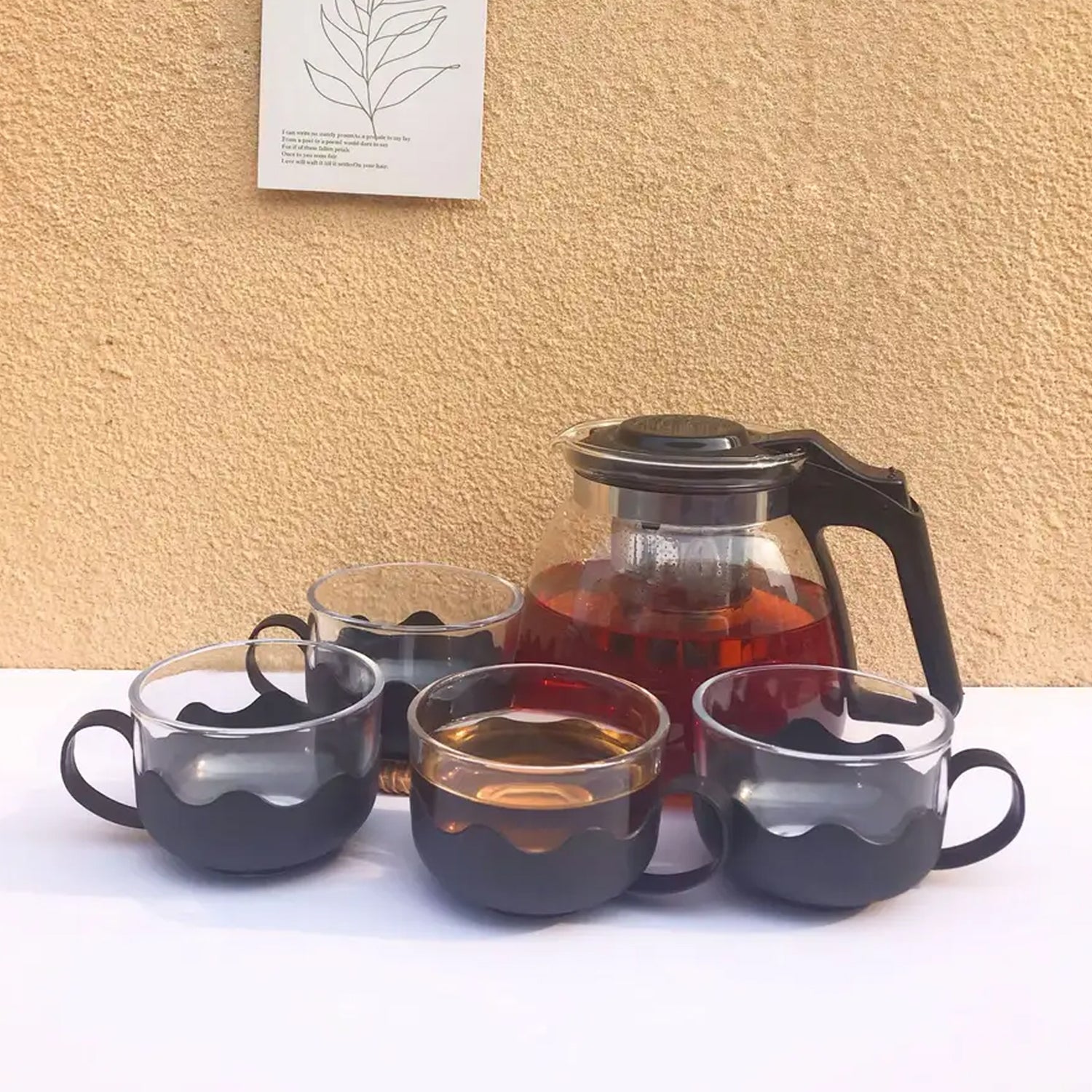 5886 Flame Proof Glass Kettle & Cup  Set With Stainer High Quality Kettle Set For Home & Cafe Use  (4 Cup & 1 Kettle)