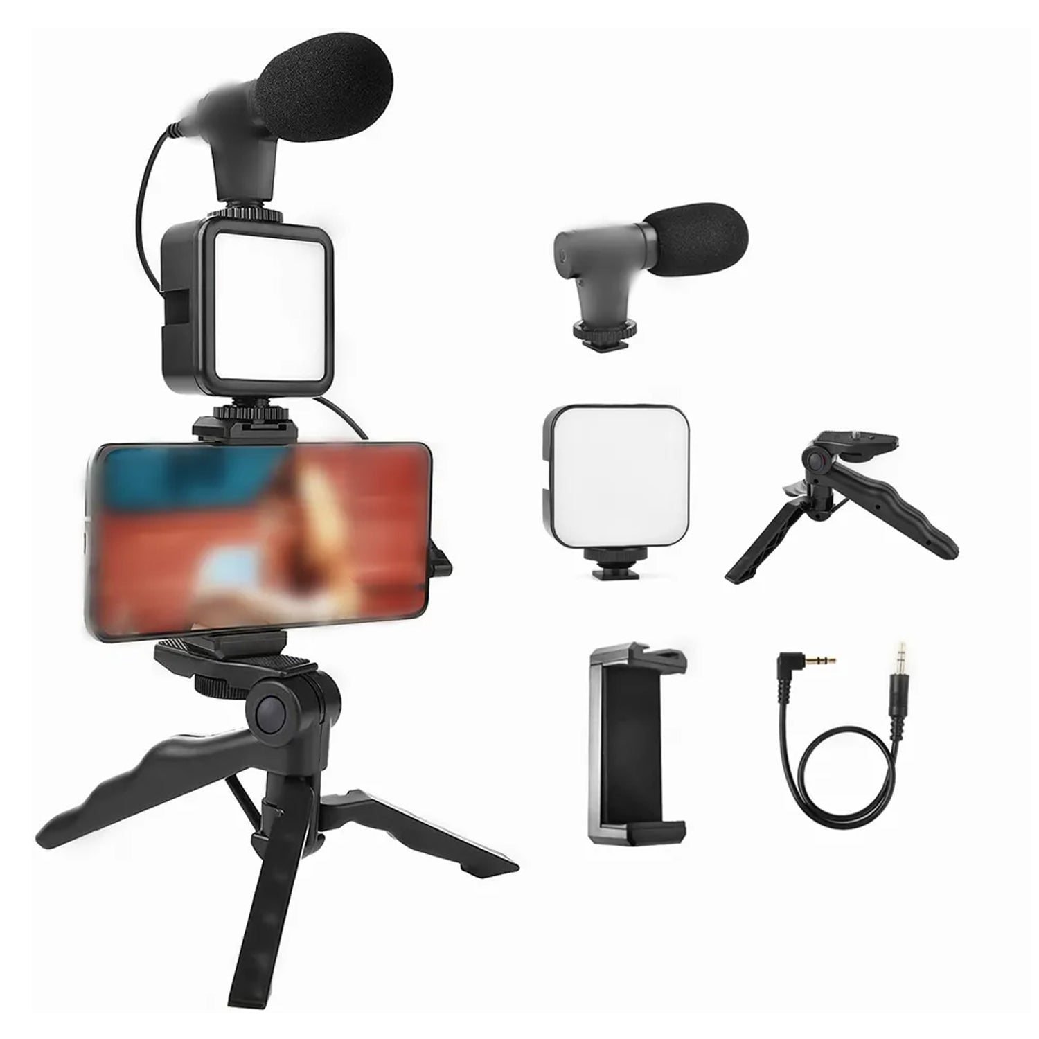 6054 Vlogging Kit for Video Making with Mic Mini Tripod Stand, LED Light & Phone Holder Clip for Making Videos DeoDap
