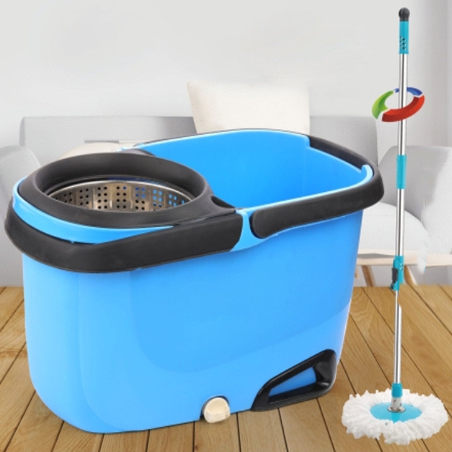 1159 Heavy Duty Microfiber Spin Mop with Plastic Bucket (Multicolour) - SkyShopy