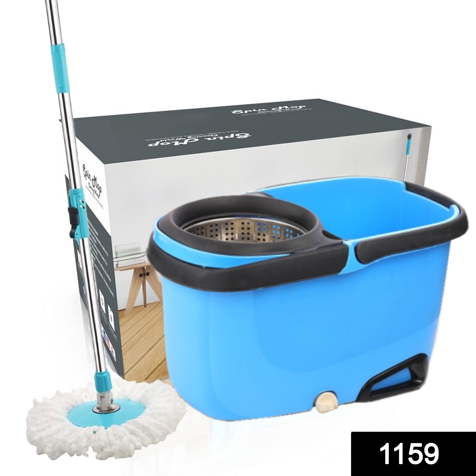 1159 Heavy Duty Microfiber Spin Mop with Plastic Bucket (Multicolour) - SkyShopy
