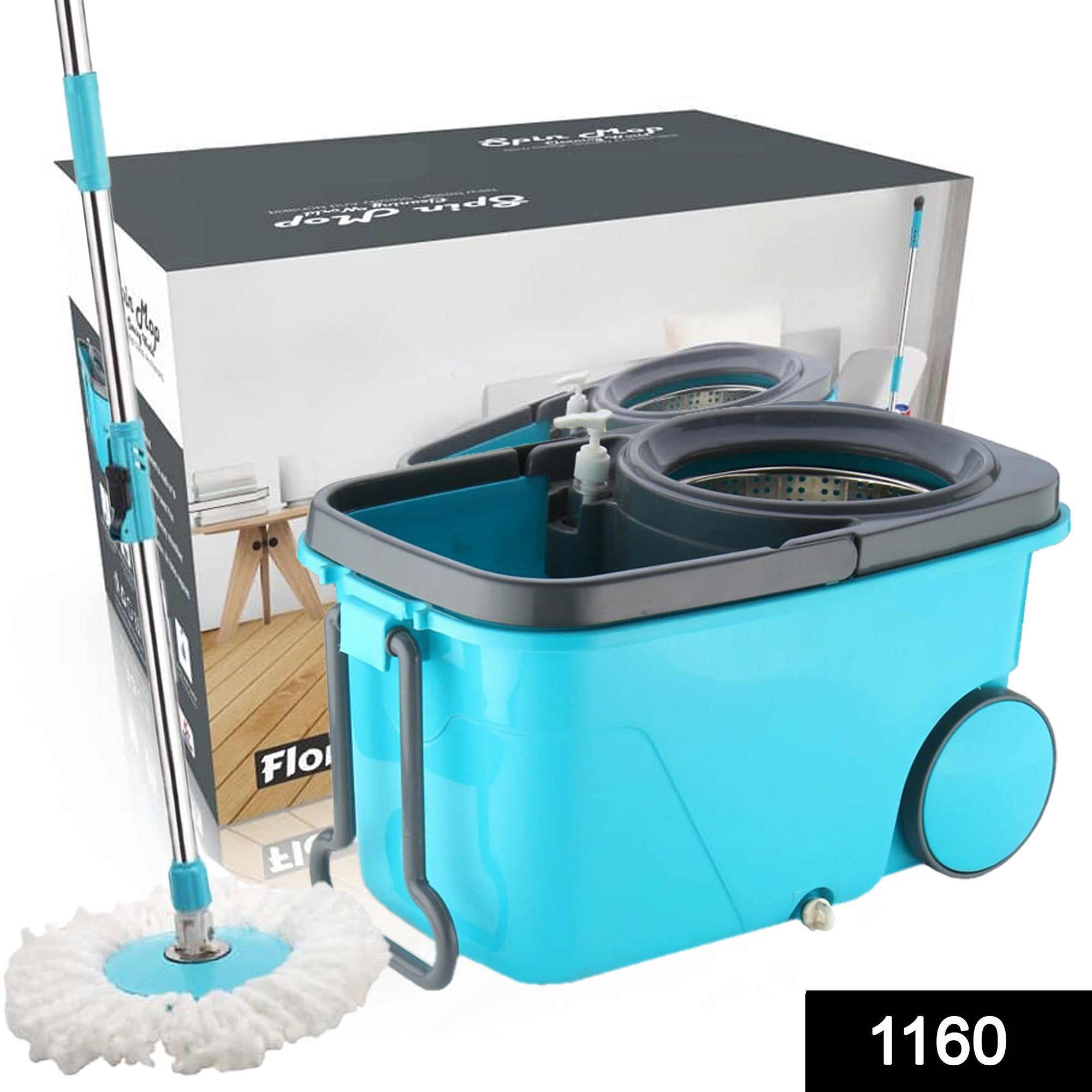 1160 Heavy Duty Microfiber Spin Mop with Plastic Bucket (Multicolour) - SkyShopy