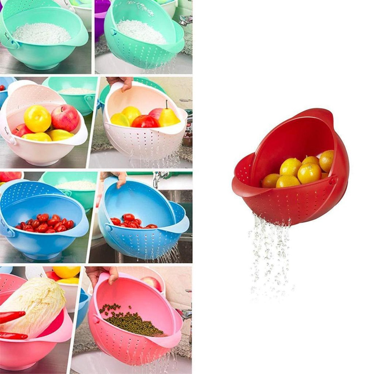 2145 Plastic Revolving Multi Functional Rice, Vegetable Fruit Wash Basket Bowl (Multi Colour) - SkyShopy