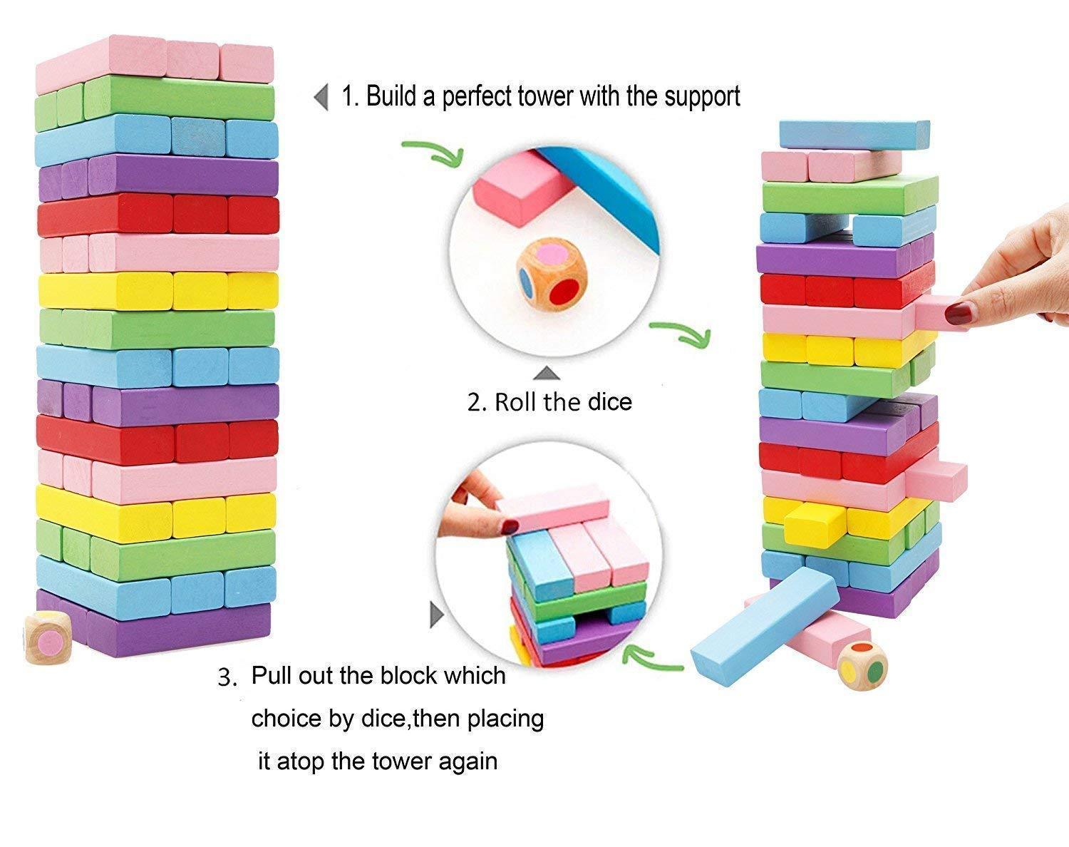 3902 Wooden Blocks, Colorful Wooden Tumbling Tower, Stacking and Balancing Block Toys with Dices for Kids & Adults (54 Pcs) - SkyShopy