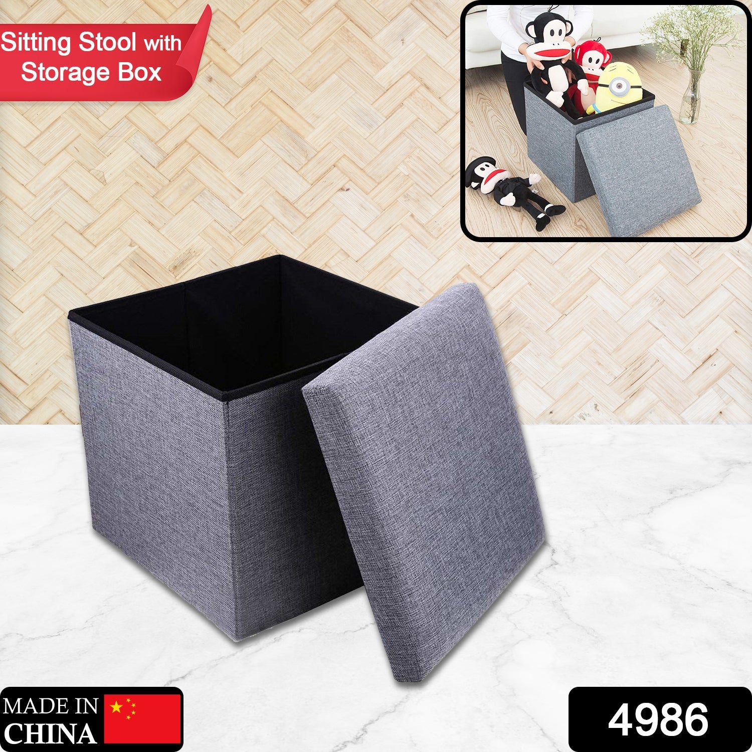 4986 Living Room Cube Shape Sitting Stool with Storage Box. Foldable Storage Bins Multipurpose Clothes, Books, and Toys Organizer with Cushion Seat DeoDap