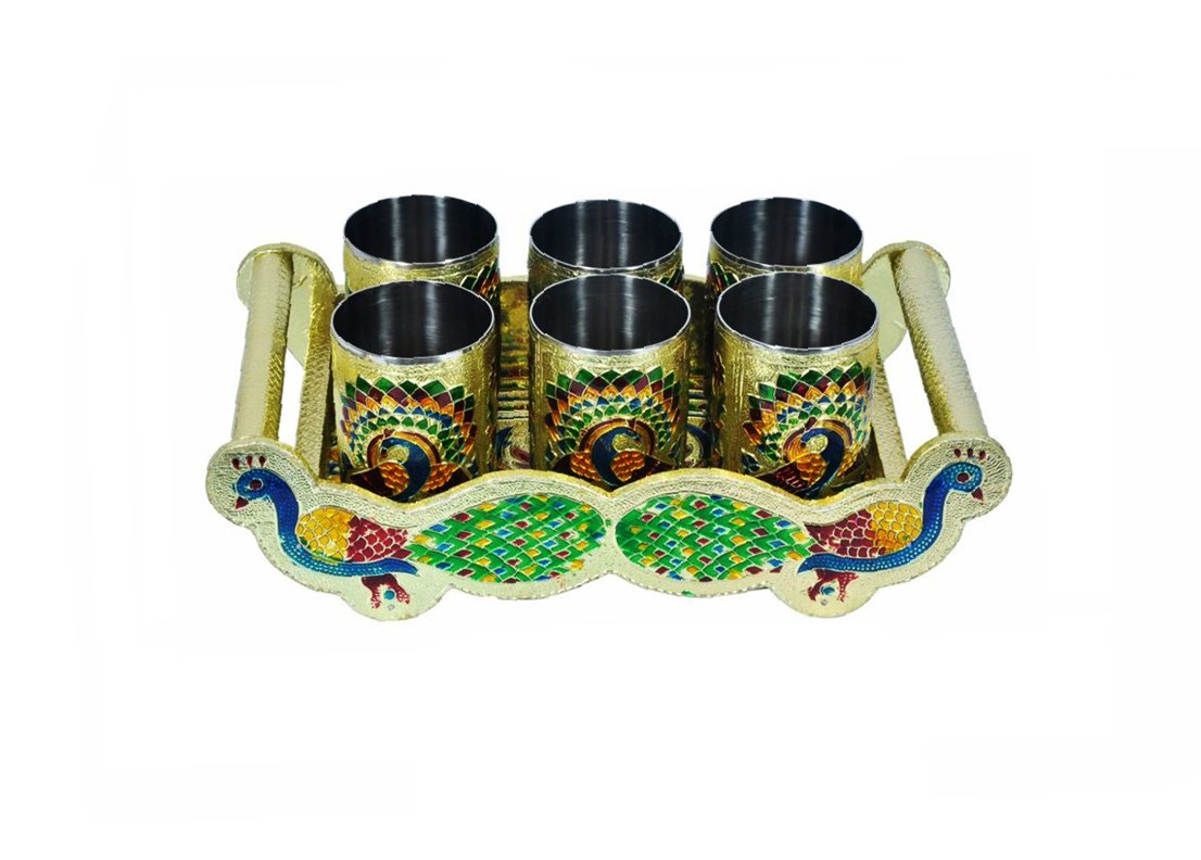 2125 Peacock Design Glass with Handle and Handicraft Serving Tray Set - SkyShopy