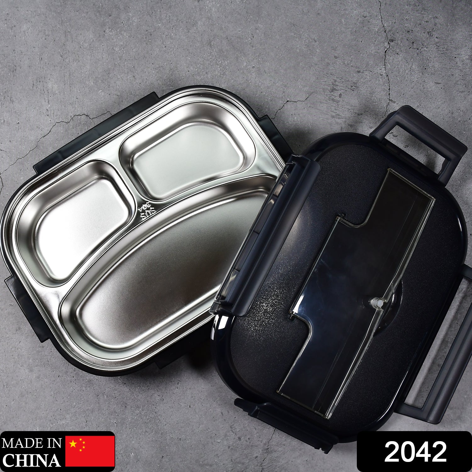 2042 Black Lunch Box for Kids and adults, Stainless Steel Lunch Box with 3 Compartments With spoon slot. DeoDap