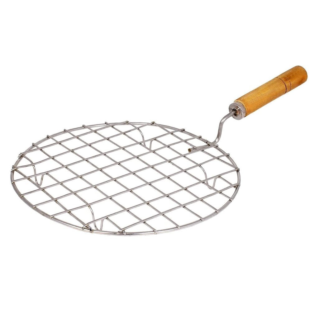 2085 Kitchen Round Stainless Steel Roaster Papad Jali, Barbecue Grill with Wooden Handle - SkyShopy