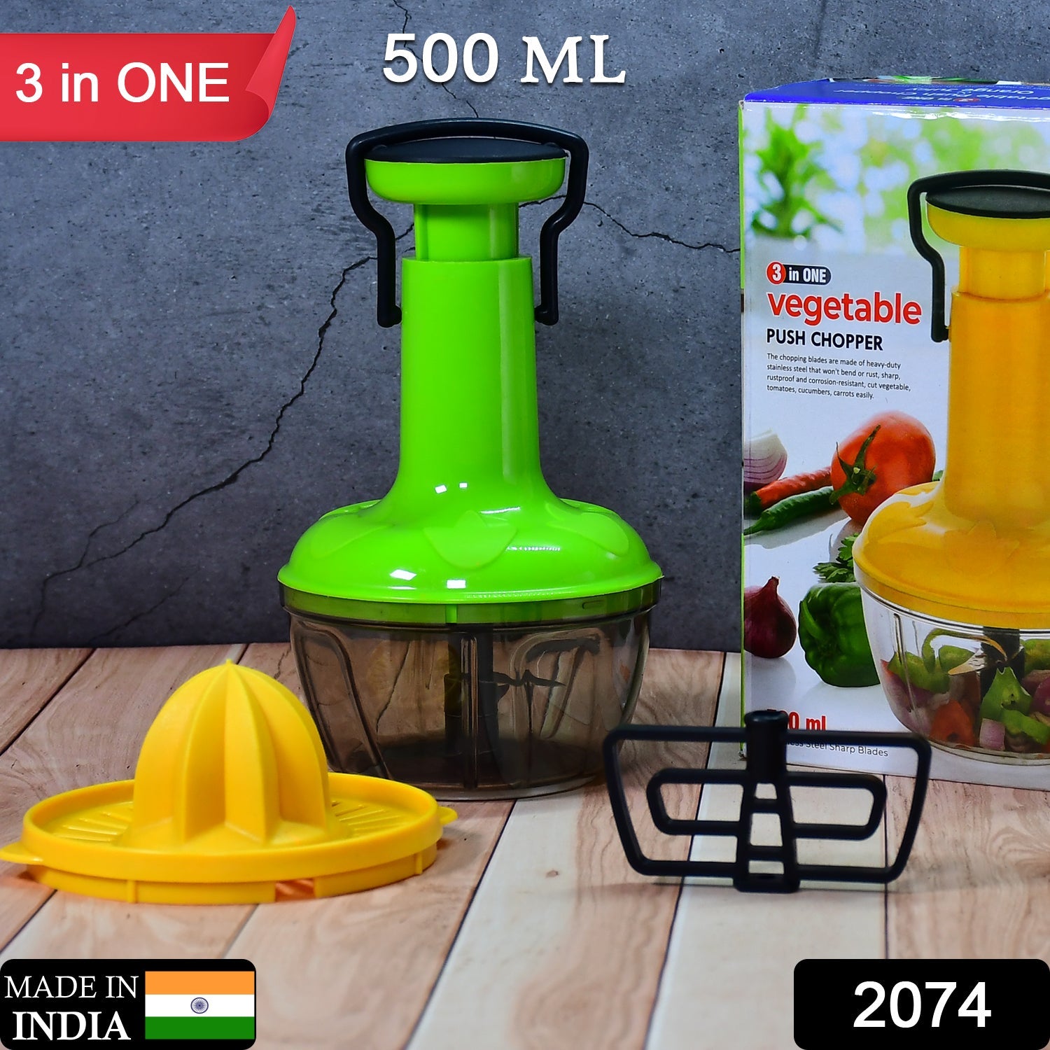 2074 3 IN 1 PUSH CHOPPER 500ML USED FOR CHOPPING OF FRUITS AND VEGETABLES. DeoDap