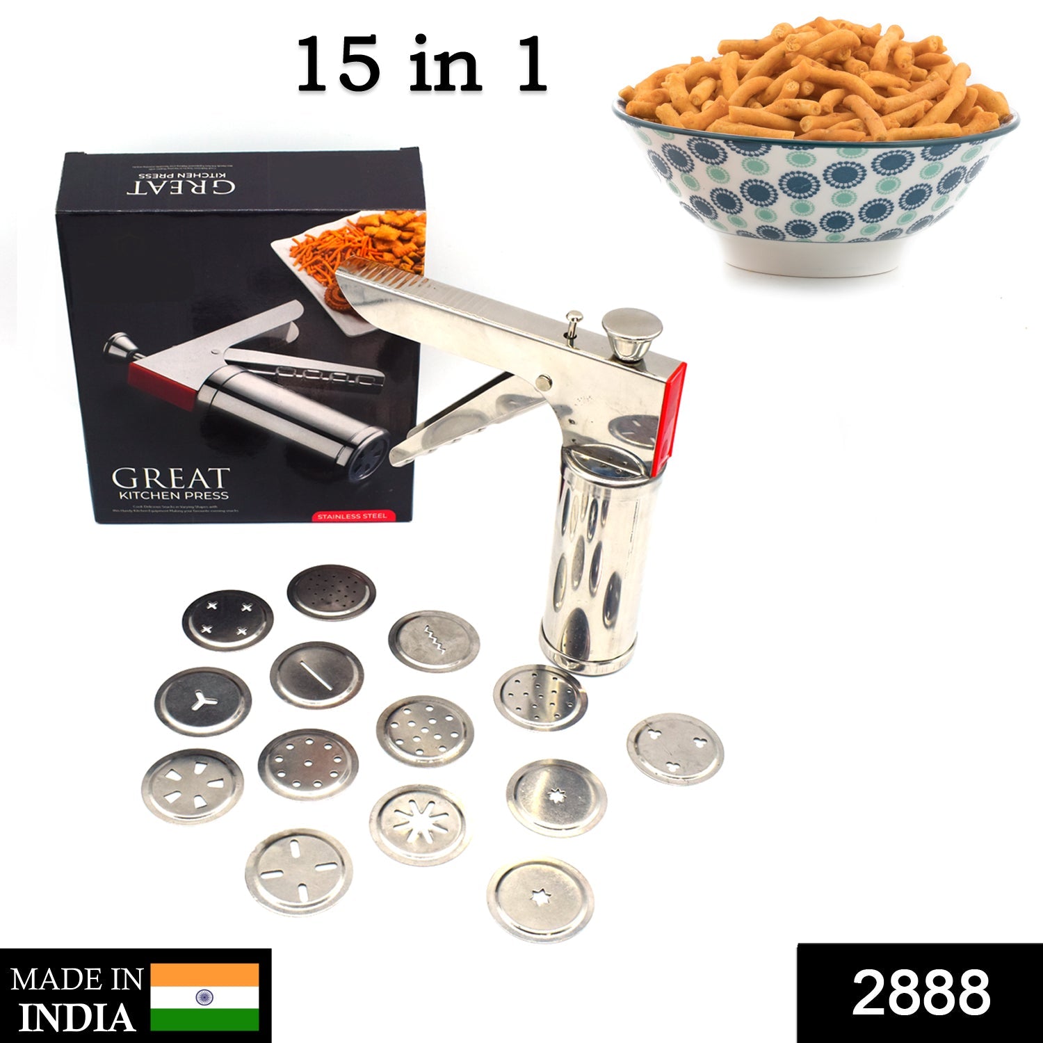 2888 Kitchen Press Sev Maker Machine Chakli Maker Noodles Cookies Namkeen Maker with 15 Different Types of Stainless Steel plates, Silver DeoDap
