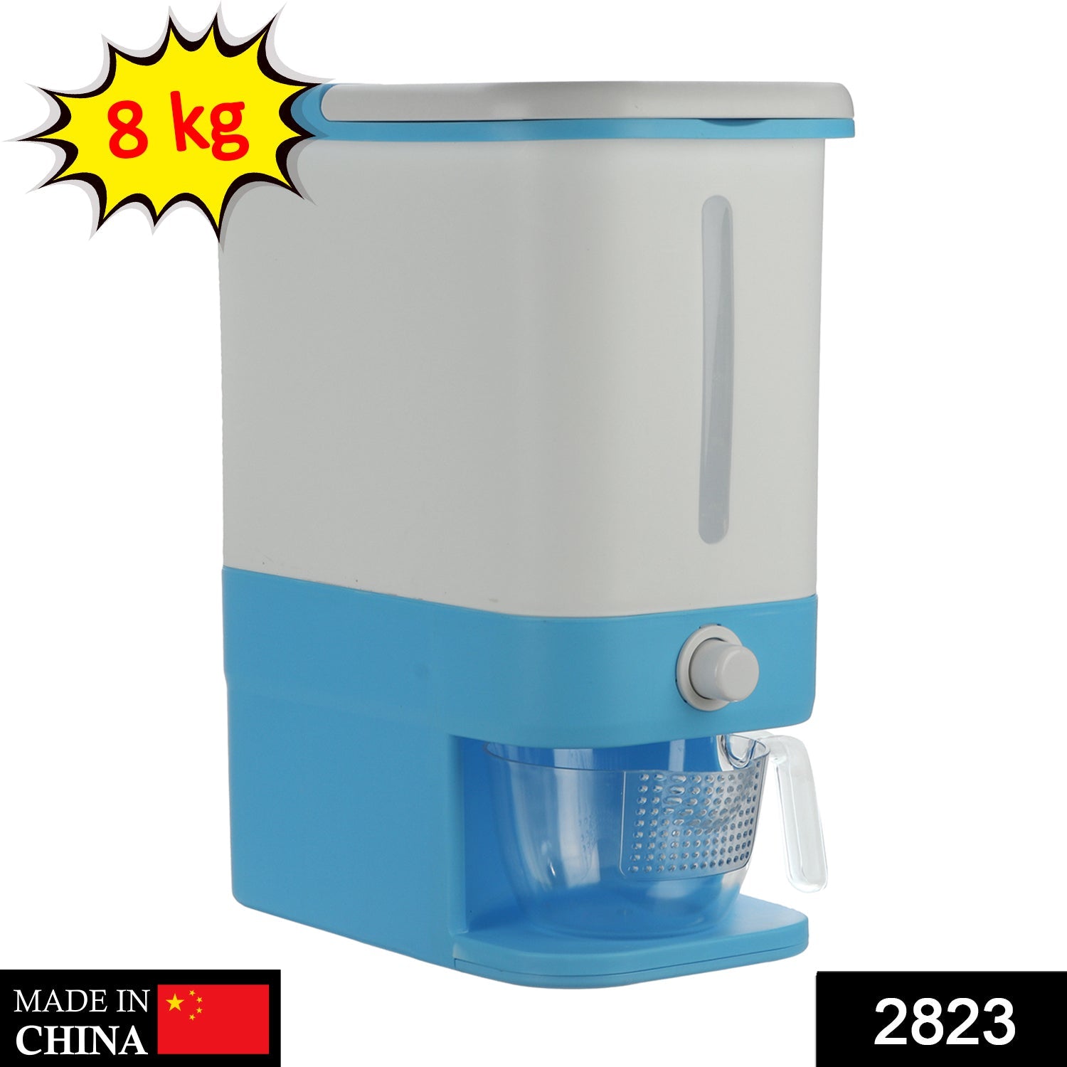 2823 Rice Dispenser Approx 8kg storage capacity. Grain Storage Container With Metering Cylinder with Lid Automatic Rice Storage DeoDap