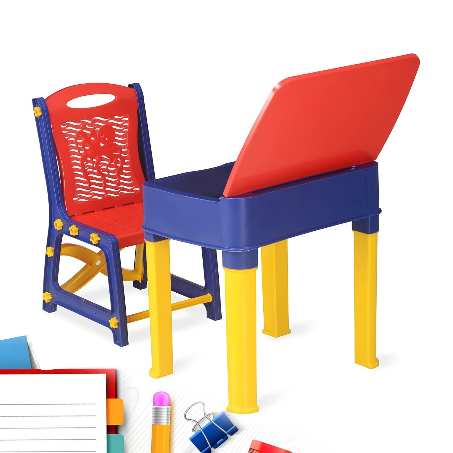 4594C Study Table And Chair Set For Boys And Girls With Small Box Space For Pencils Plastic High Quality Study Table (Red/Blue/Yellow)