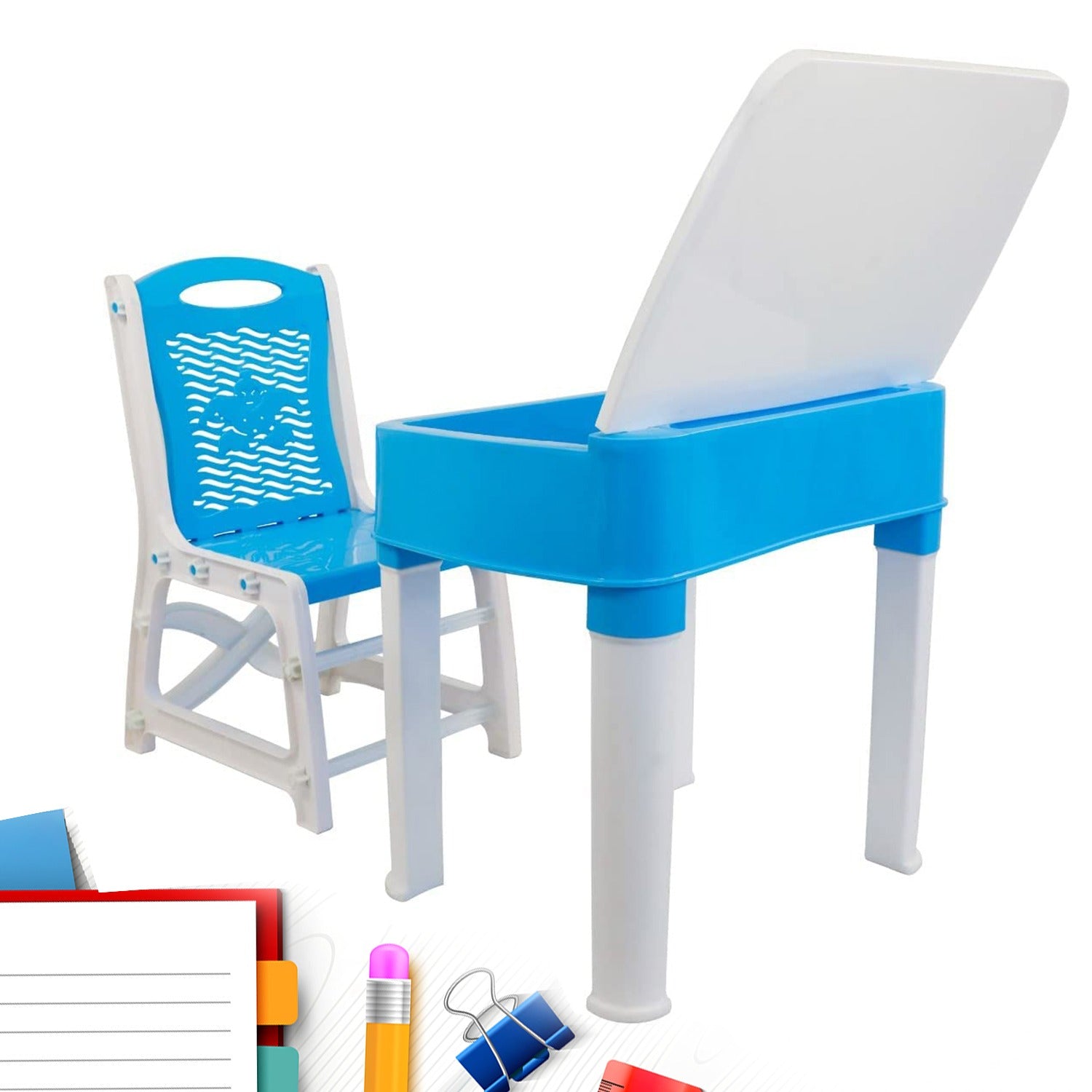 4594 Study Table And Chair Set For Boys And Girls With Small Box Space For Pencils Plastic High Quality Study Table (Blue)