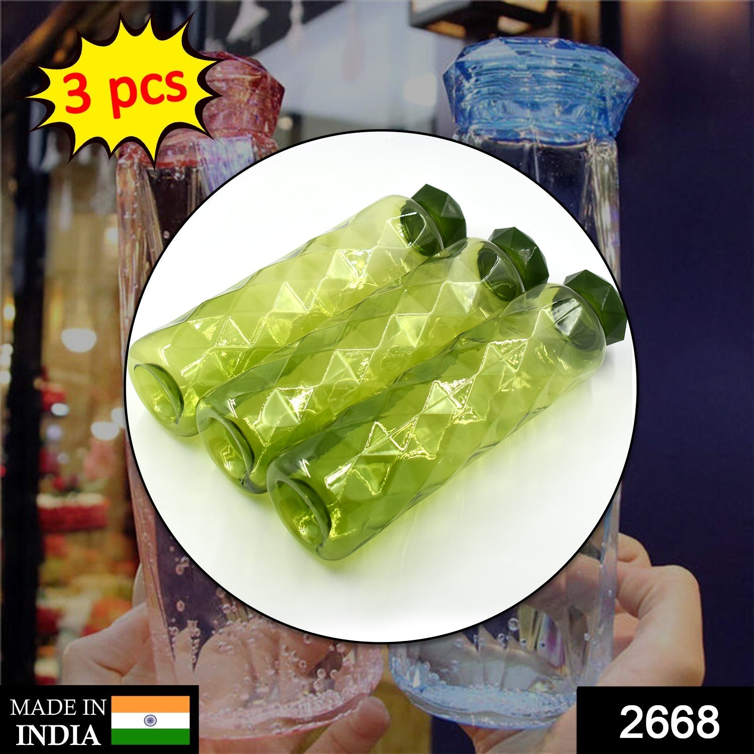 2668 3Pc Set Diamond Cut Bottle Used for storing water and beverages purposes for people.