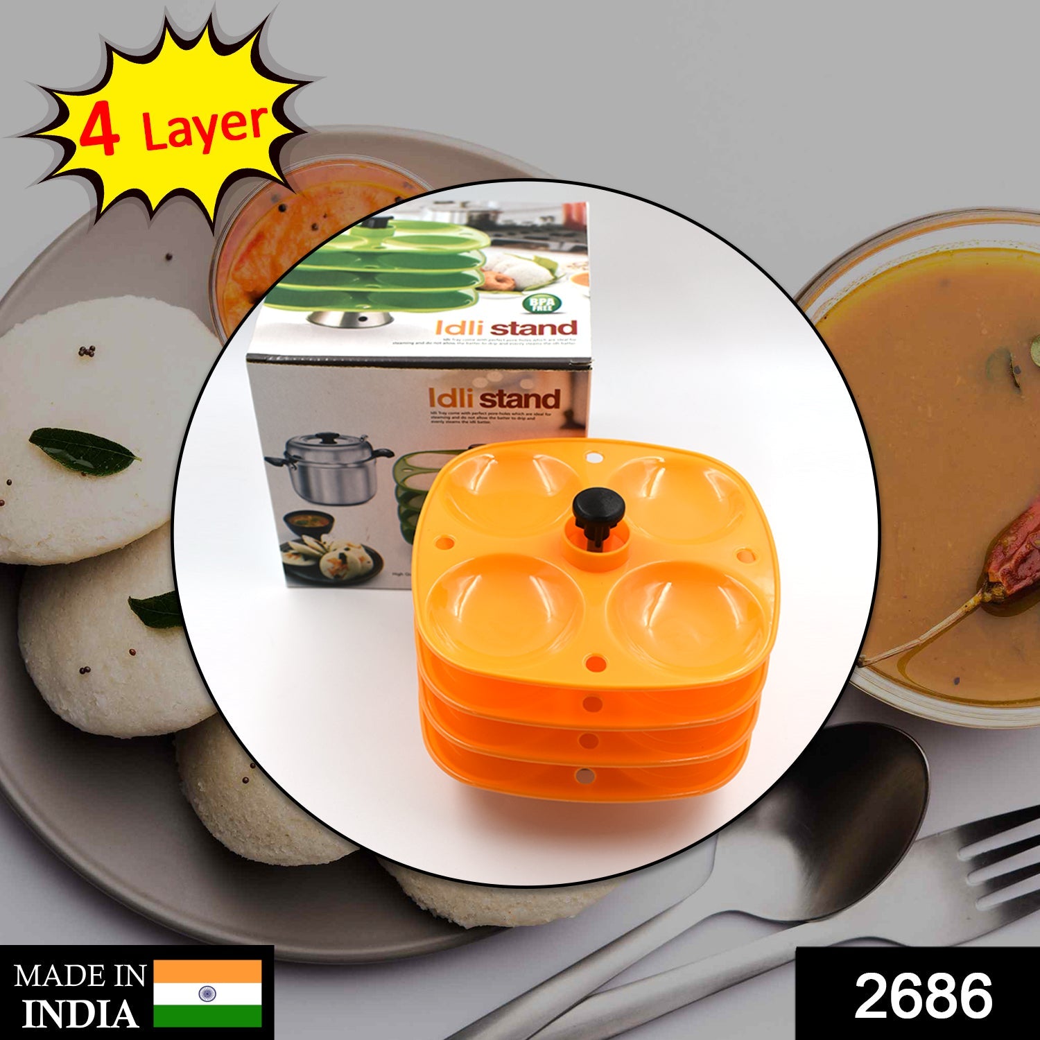 2686 4 Layer Idli Stand used in all kinds of household kitchen purposes for holding and serving idlis.
