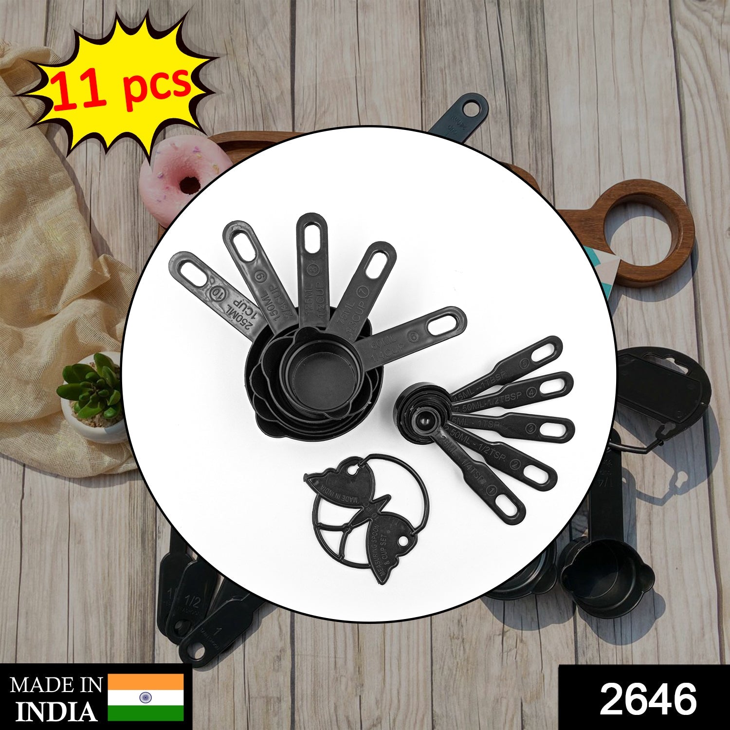 2646 Plastic Measuring Cups and Spoons (11 Pcs, Black) With butterfly shape Holder