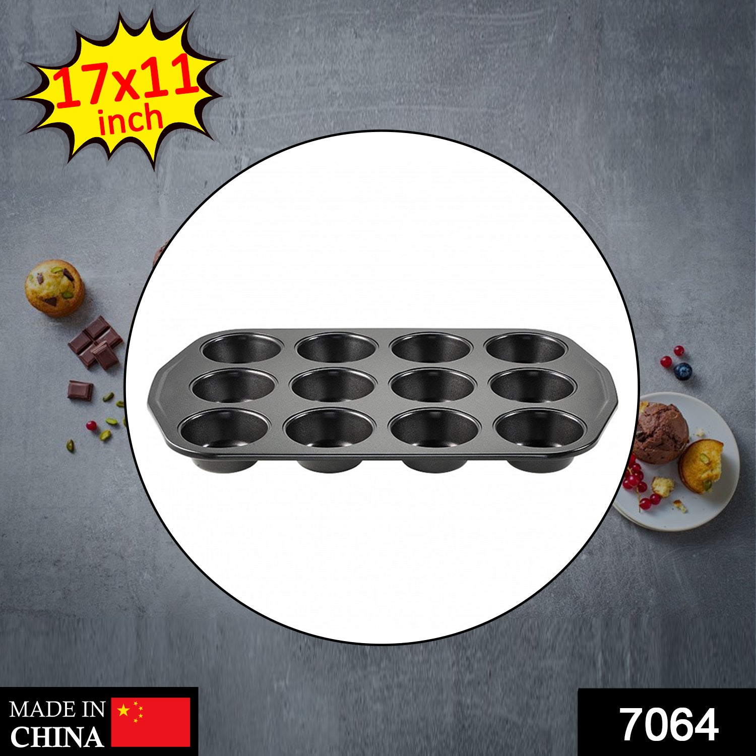 7064 Non-Stick Carbon Steel 12-Cup Muffin Pan Midi Shape Muffins, Cupcake Mold (17X11 Inch)