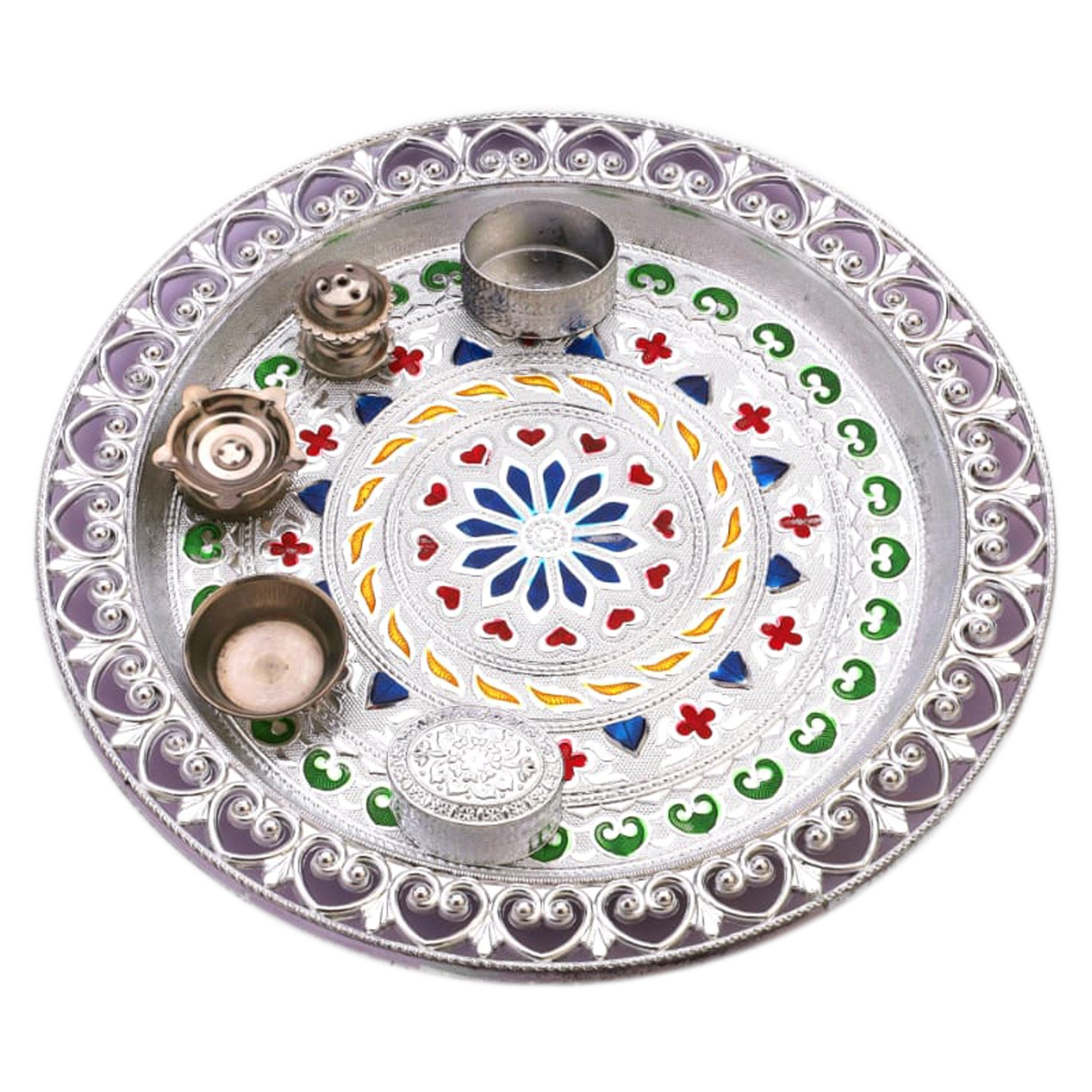 2236 Silver Plated Laxmi & Ganesh Pooja Thali Set (Set of 6 Pieces) - SkyShopy