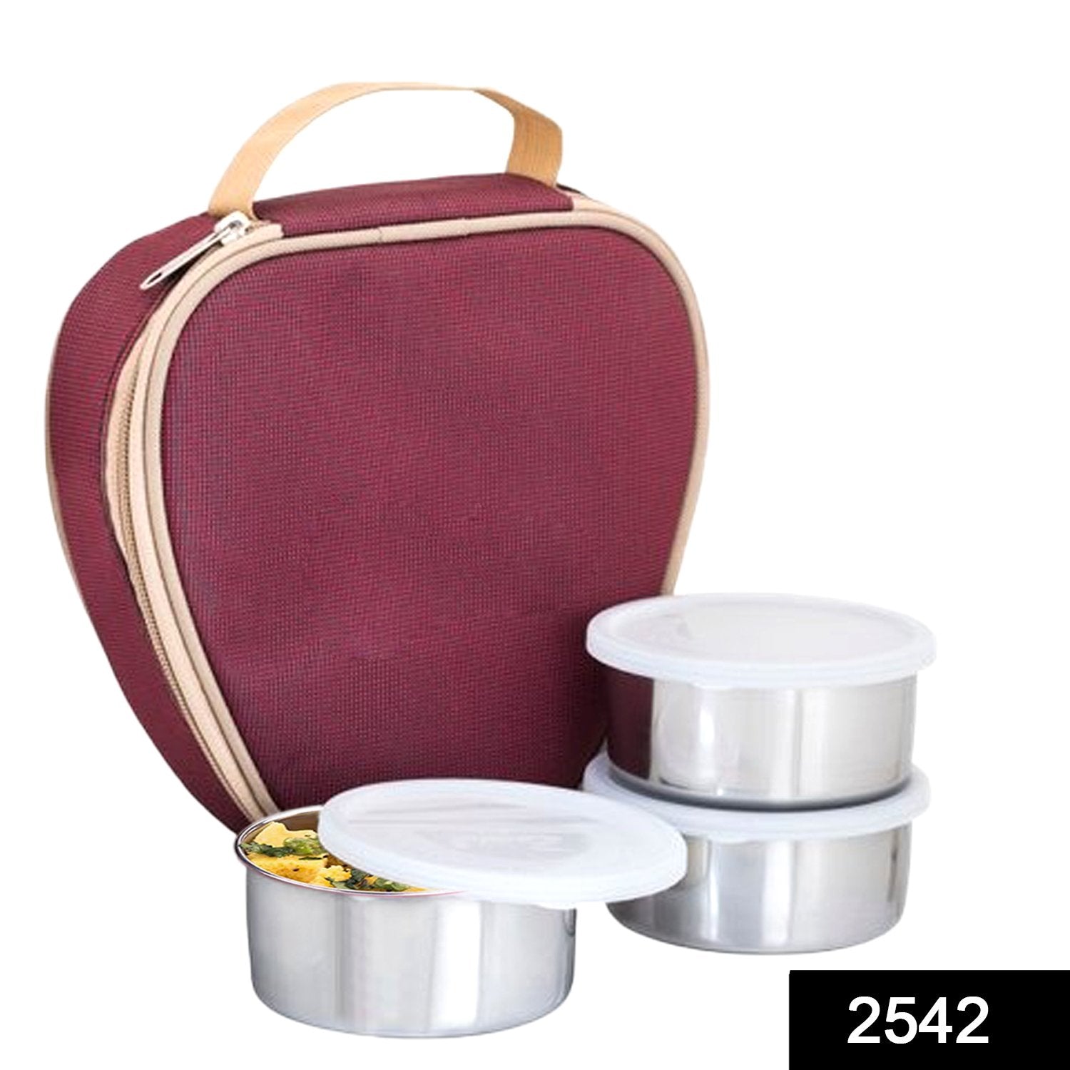2542 Stainless Steel and Plastic Insulated Lunch Box of 3 Air Tight Containers with Bag Cover