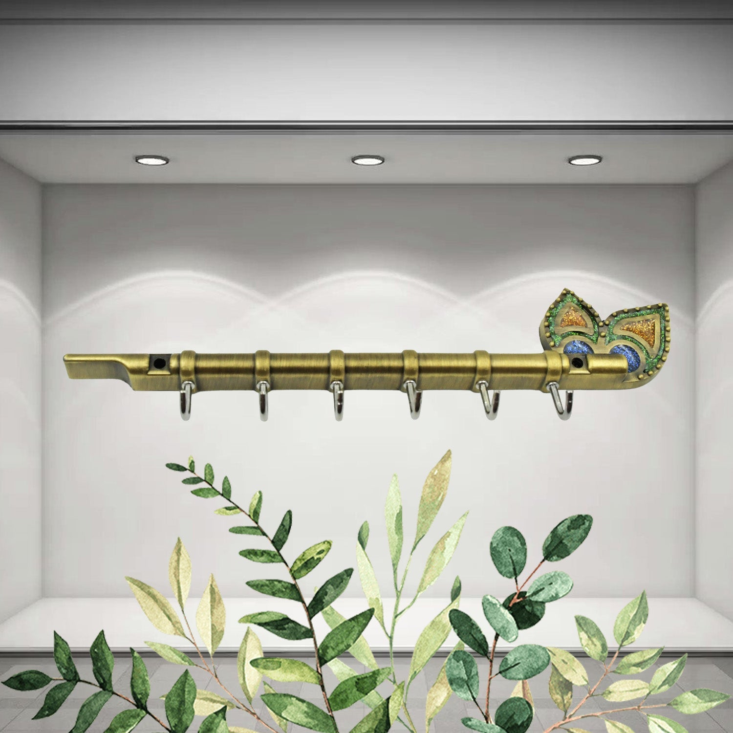 Metal Key Stand / Hanger / Holder for Home & Office Brass Key Hook / Holder Door Hooks Rail for Hanging Keys, Clothes, Towel Hook (1 Pc / Veena & Gun Shape, Lord Krishna's Flute and Peacock Quills Key Holder )