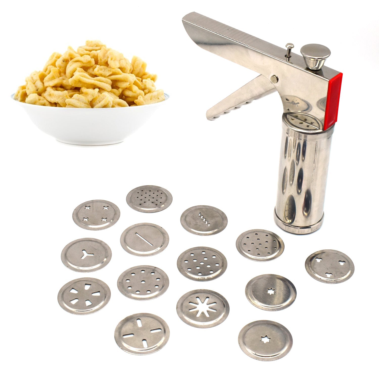 2888 Kitchen Press Sev Maker Machine Chakli Maker Noodles Cookies Namkeen Maker with 15 Different Types of Stainless Steel plates, Silver DeoDap