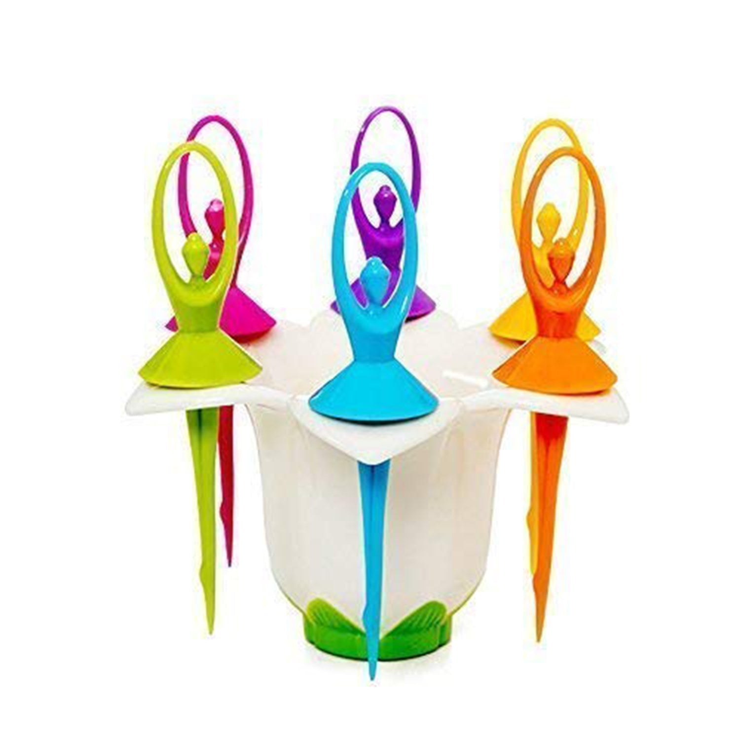 2046 Dancing Doll Fruit Fork Cutlery Set with Stand Set of 6 DeoDap