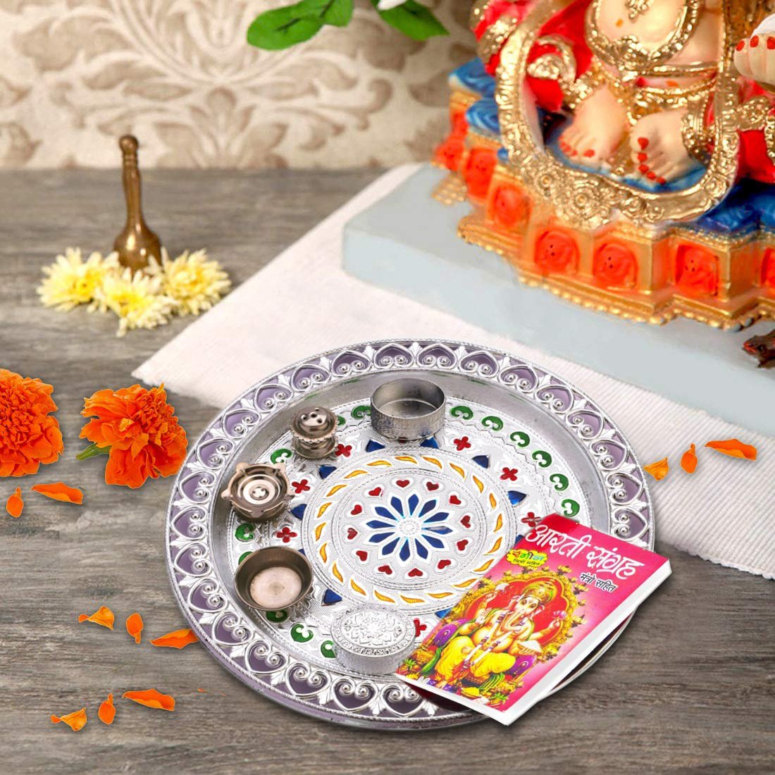 2236 Silver Plated Laxmi & Ganesh Pooja Thali Set (Set of 6 Pieces) - SkyShopy