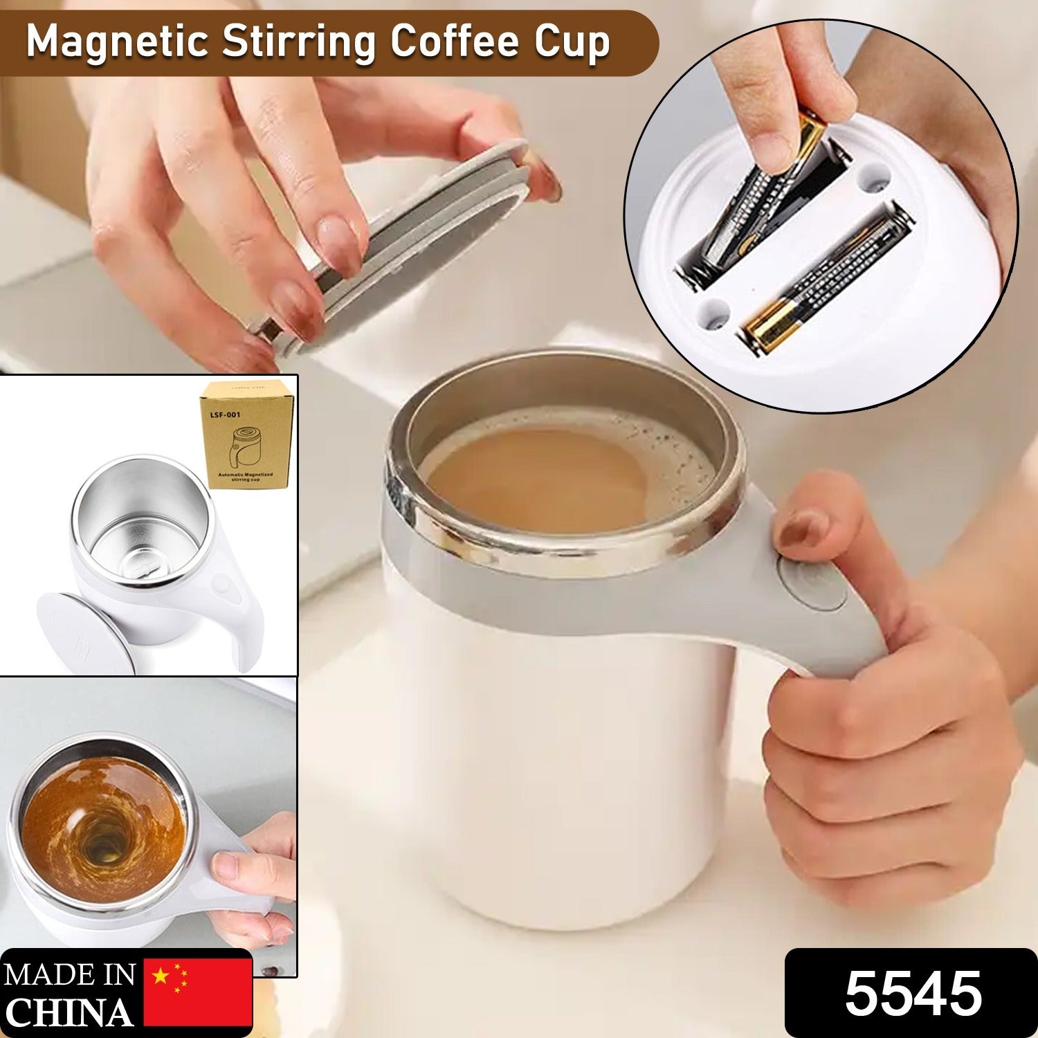 5545 Stirring Coffee Mug | Magnetic Stirring Coffee Cup | Stainless Steel Mug for Milk | Self Stirring Coffee Mug, Suitable for Coffee / Milk / Hot Chocolat | Battery Operated