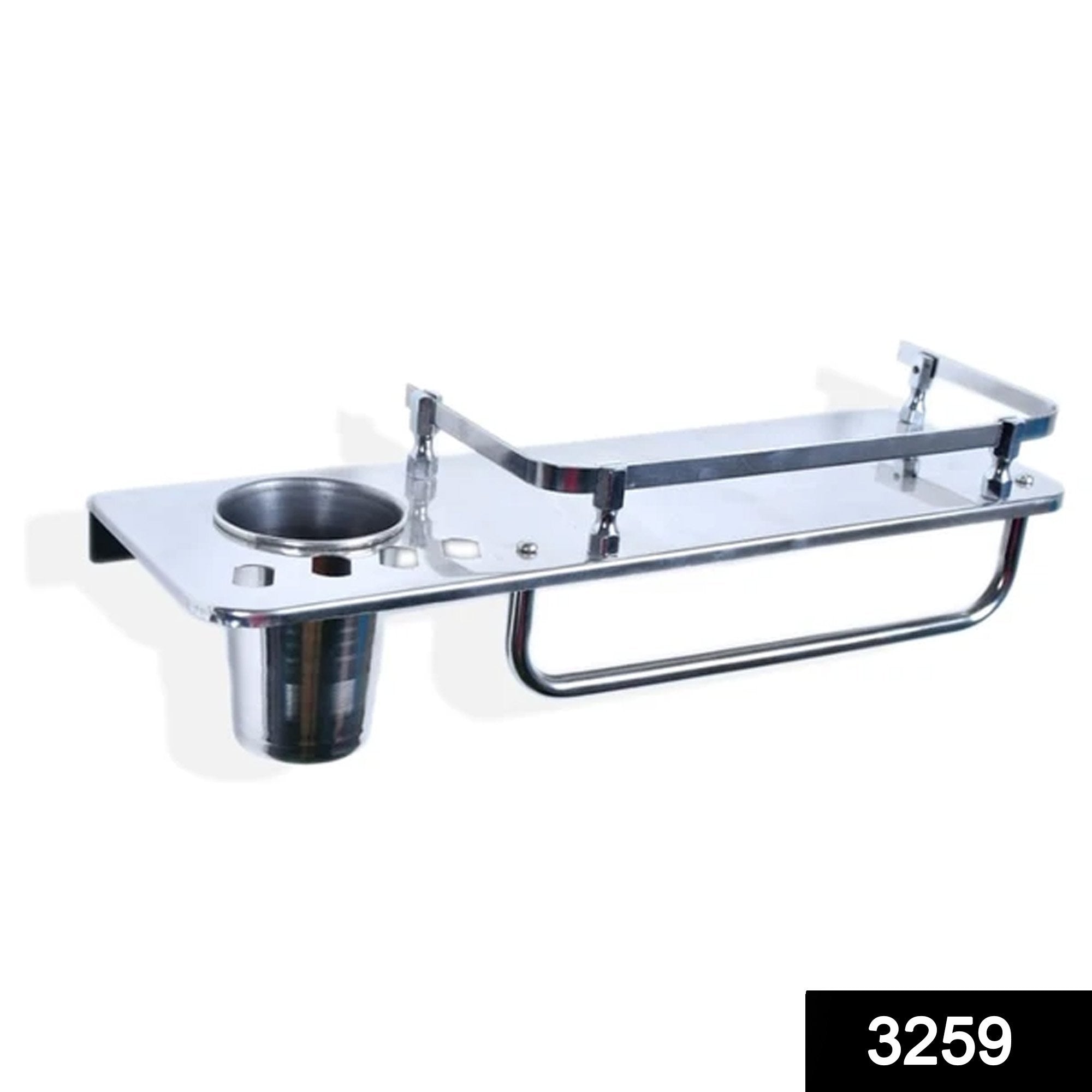 3259 Stainless Steel 3 in 1 Multipurpose Bathroom Shelf Rack Towel Rod Tumbler Holder with Brush Hanger Bathroom Accessories - SkyShopy