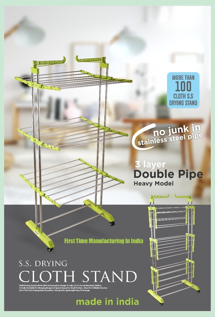 0733 Stainless Steel Double Pole 3 Layer Cloth Drying Stand - SkyShopy
