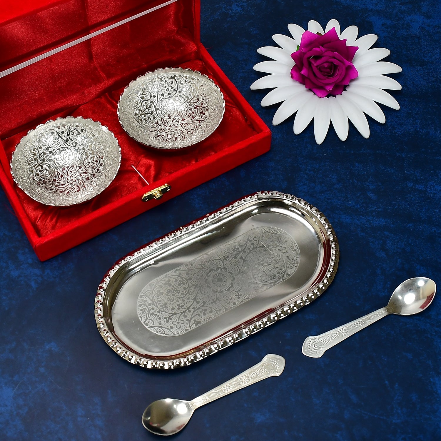 2947A Silver Plated 2 Bowl 2 Spoon Tray Set Brass with Red Velvet Gift Box Serving Dry Fruits Desserts Gift DeoDap