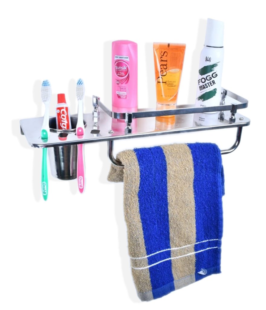 3259 Stainless Steel 3 in 1 Multipurpose Bathroom Shelf Rack Towel Rod Tumbler Holder with Brush Hanger Bathroom Accessories - SkyShopy