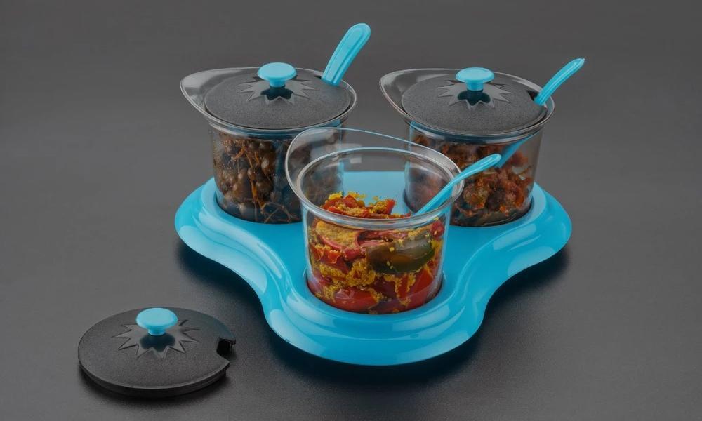 0609 Multipurpose Dining Set Jar and tray holder, Chutneys/Pickles/Spices Jar - 3pc - SkyShopy